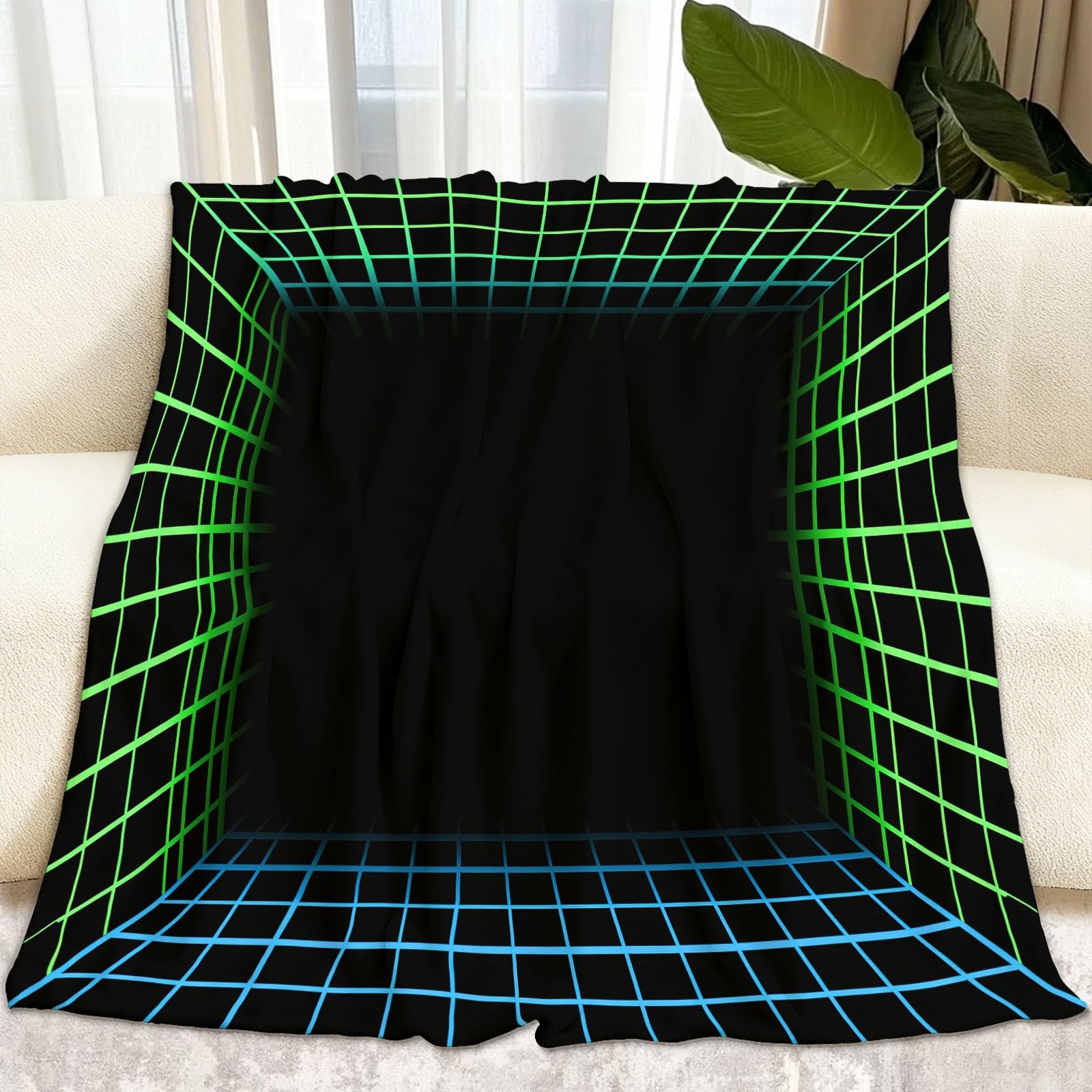 Griglia Geometrica Coperta Plaid Matrimoniale Linee Al Neon Coperta Flanella 180 x 220 cm, Nero Copridivano In Microfibra Morbida - Coperte Termica Per Plaid Divano Copriletto