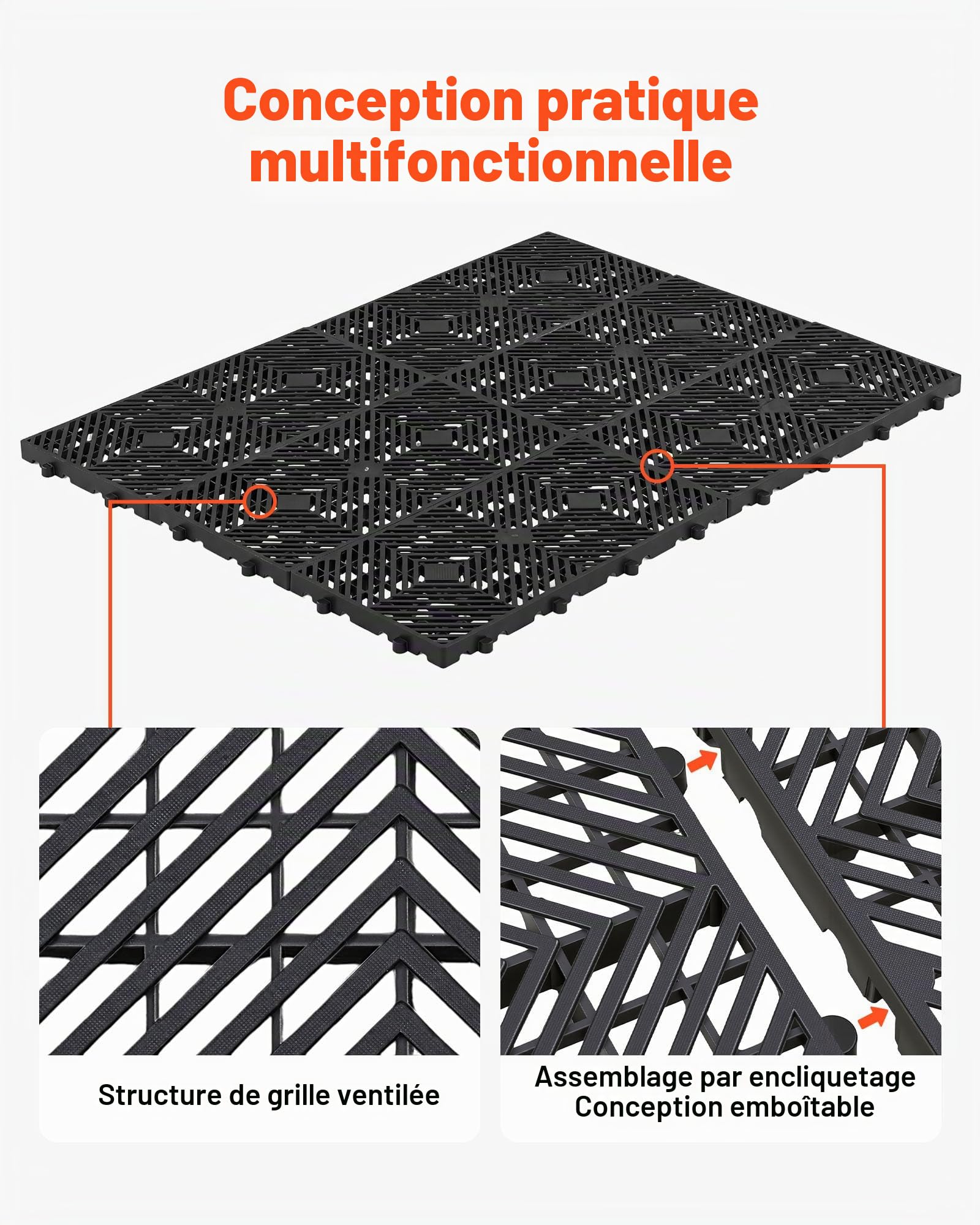 VEVOR Palettes en Plastique Emboîtables Lot de 6, Palettes de Sol Empilables avec Grille Respirante, Résistantes à l'Humidité, Charge Max. 1000 kg/m², pour Sous-Sol et Entrepôt, 600x300x30 mm, Noir