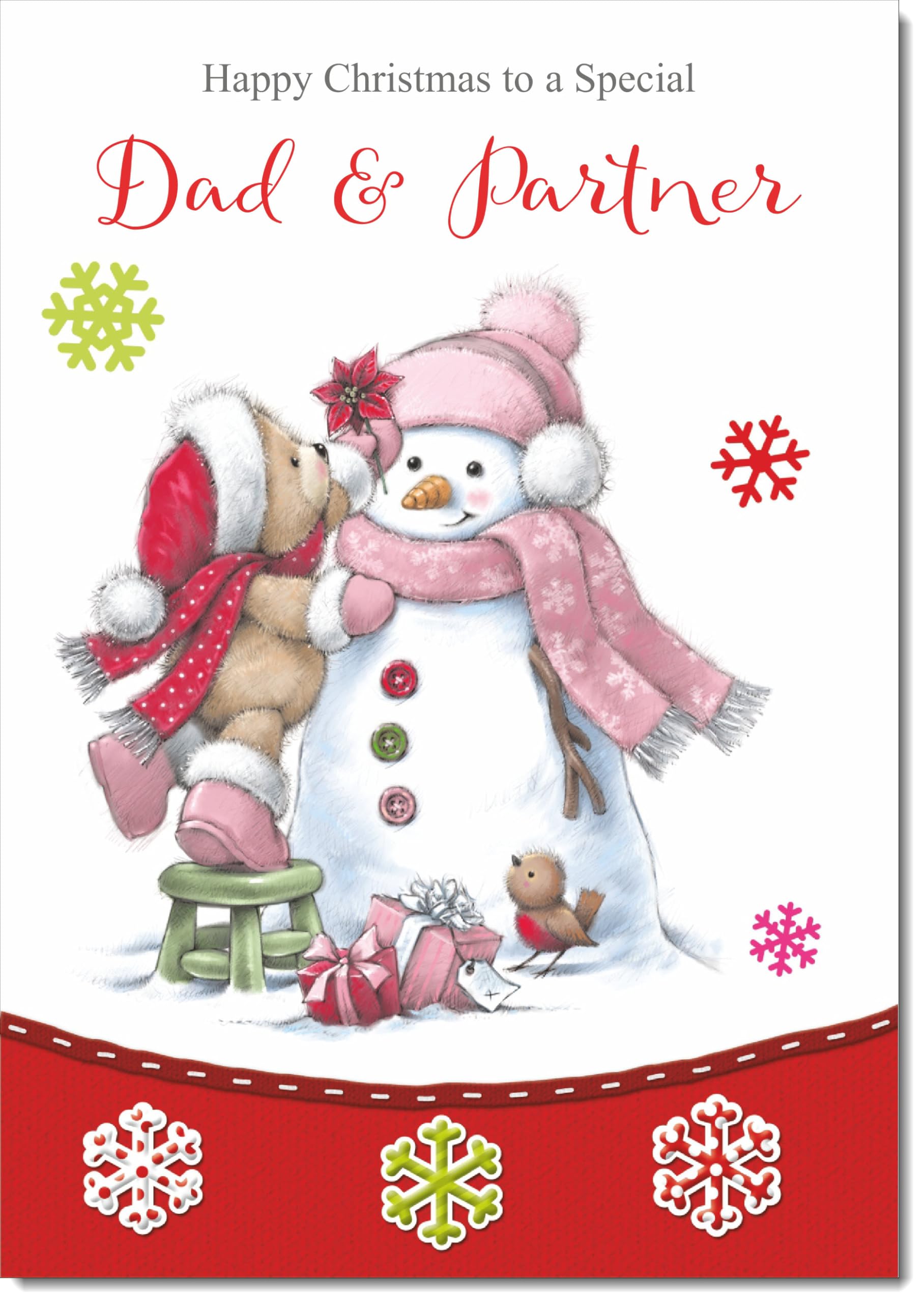 doodlecards Dad and Partner Christmas Card Cute Bear with Snowman Large A4 Size Christmas Card for Dad & Partner with Plain Envelope