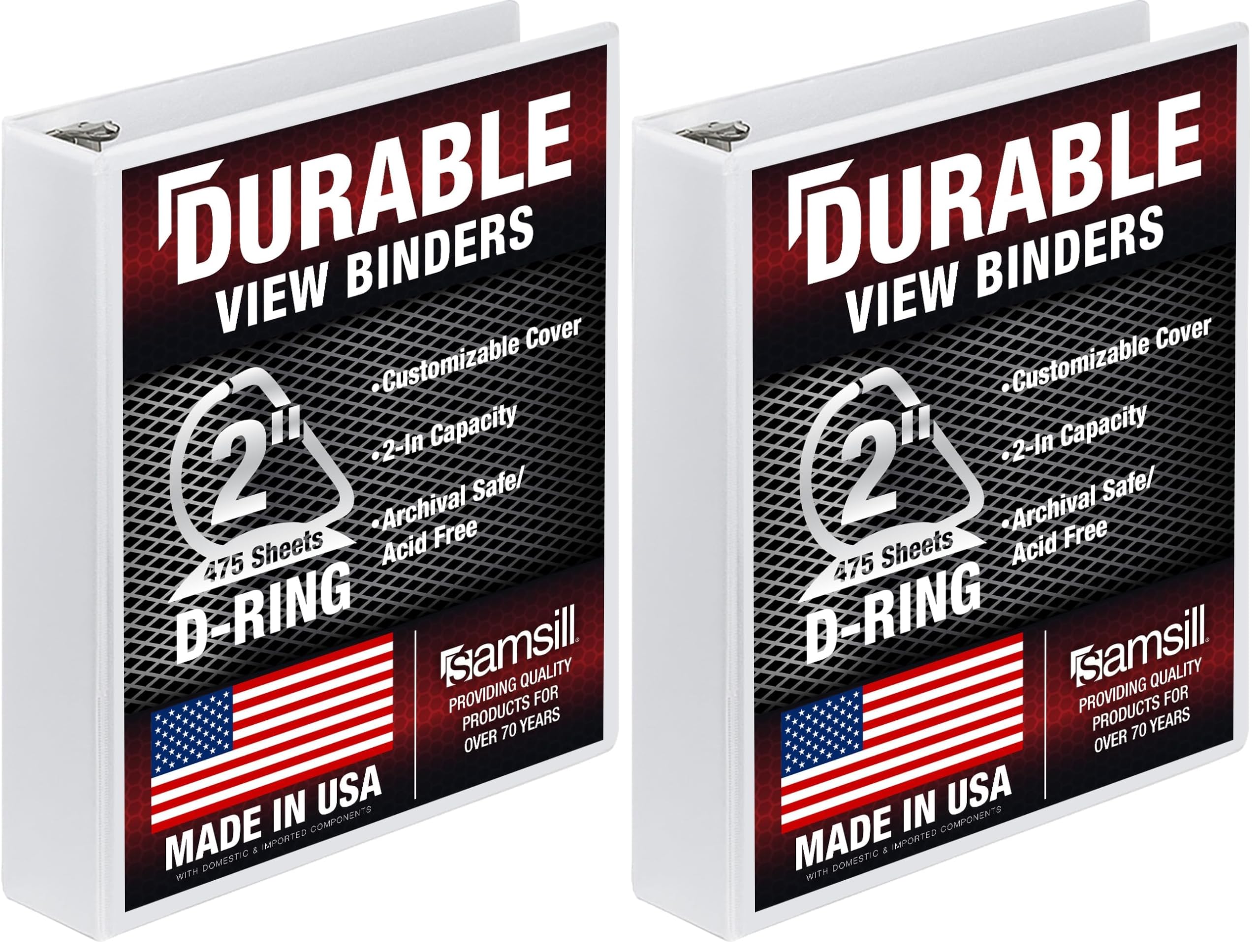 Samsill Durable 2 Inch Binder, D Ring Binder, Customizable Clear View Cover, Pearl White, Holds 475 Pages (Pack of 2)