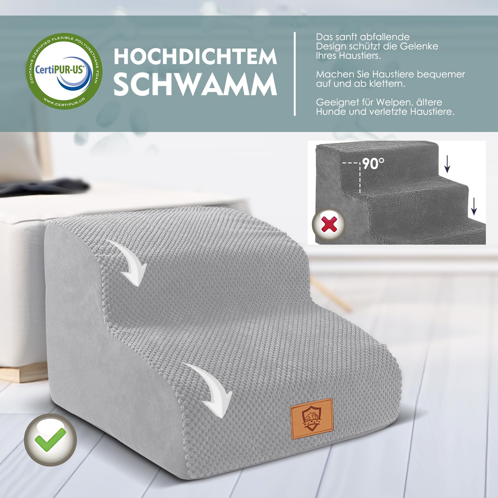 Myiosus Scaletta per Cani 2 Gradini, Scala per Cani con Rimovibile Lavabile Copertura, Rampa per Animali In Schiuma Ad Alta Densità, Gradini Antiscivolo per Cuccioli Gatti, Grigio Chiaro