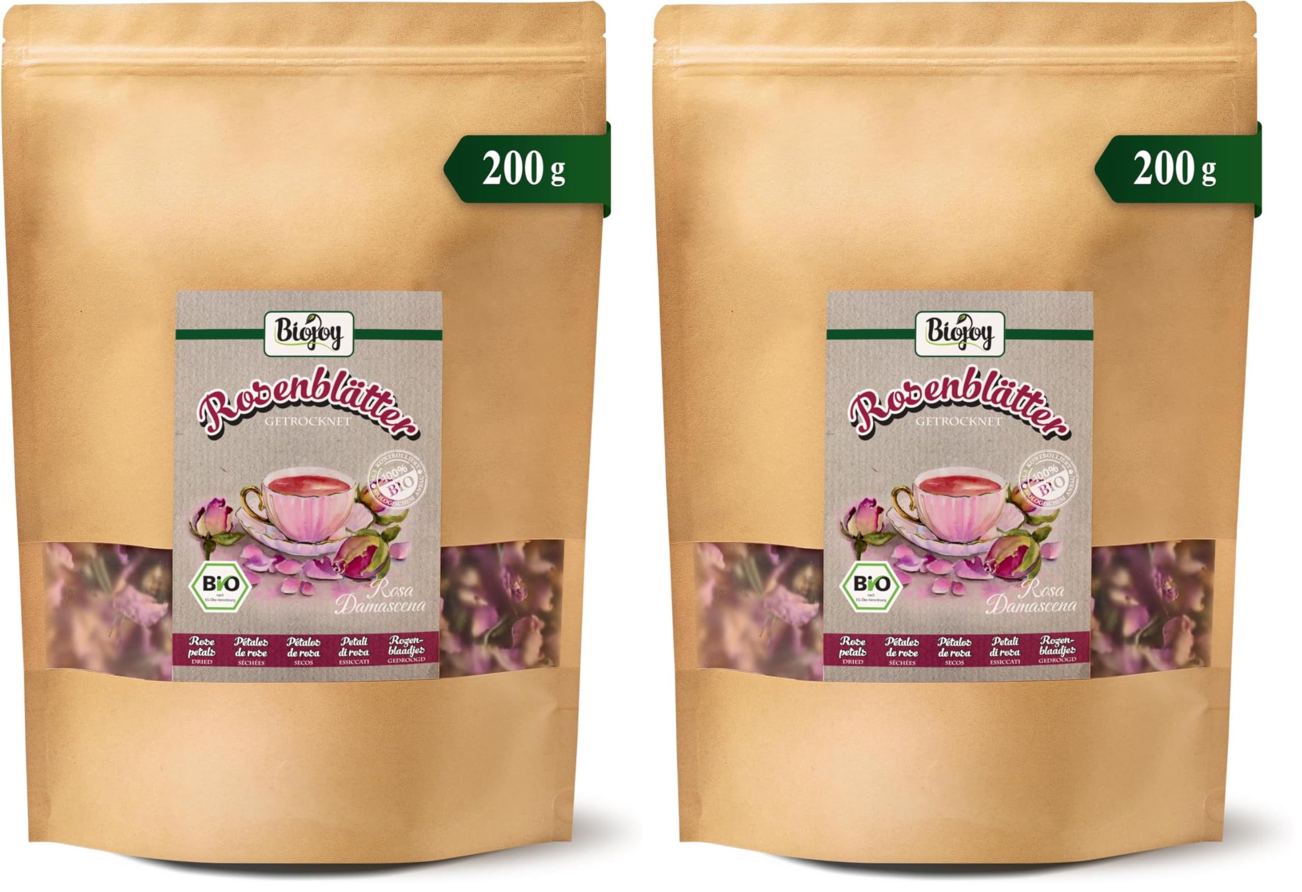 Biojoy Pétales de Rose séchées BIO (200 g), fleurs pour décoration ou rose infusion (Rosa Damascena) (Lot de 2)