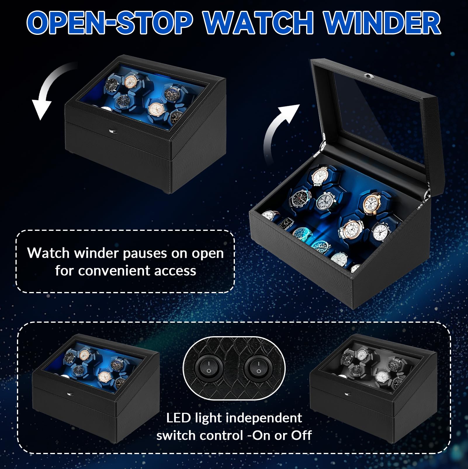 Caricatore automatico per orologi da 6 + 6 orologi, con illuminazione a LED, 4 modalità di rotazione, memory foam antigraffio, motore super silenzioso, cavo di ricarica USB-C