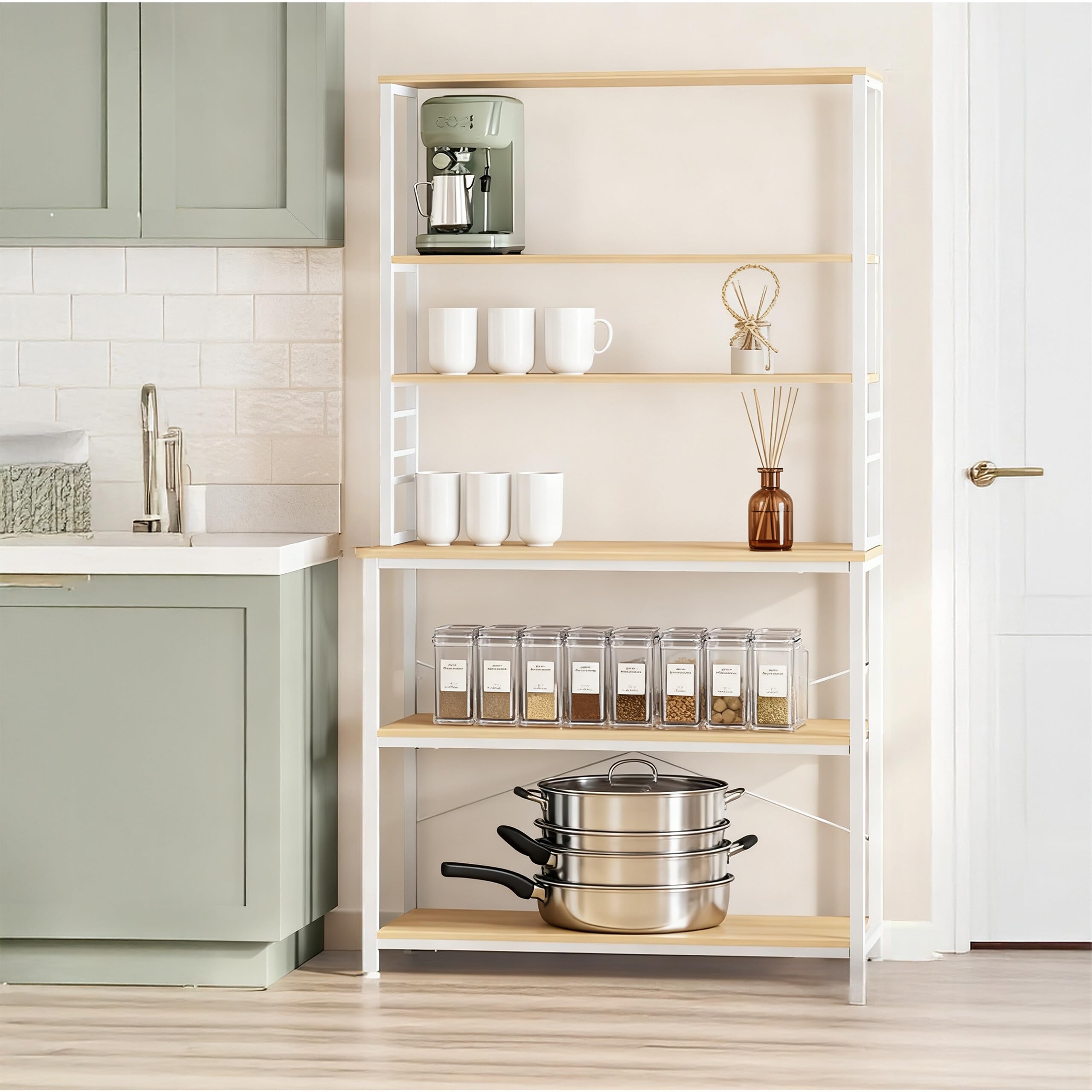 Relaxdays Estantería de Cocina con 6 baldas, encimera, 167×100×40 cm, para microondas, Natural/Blanco