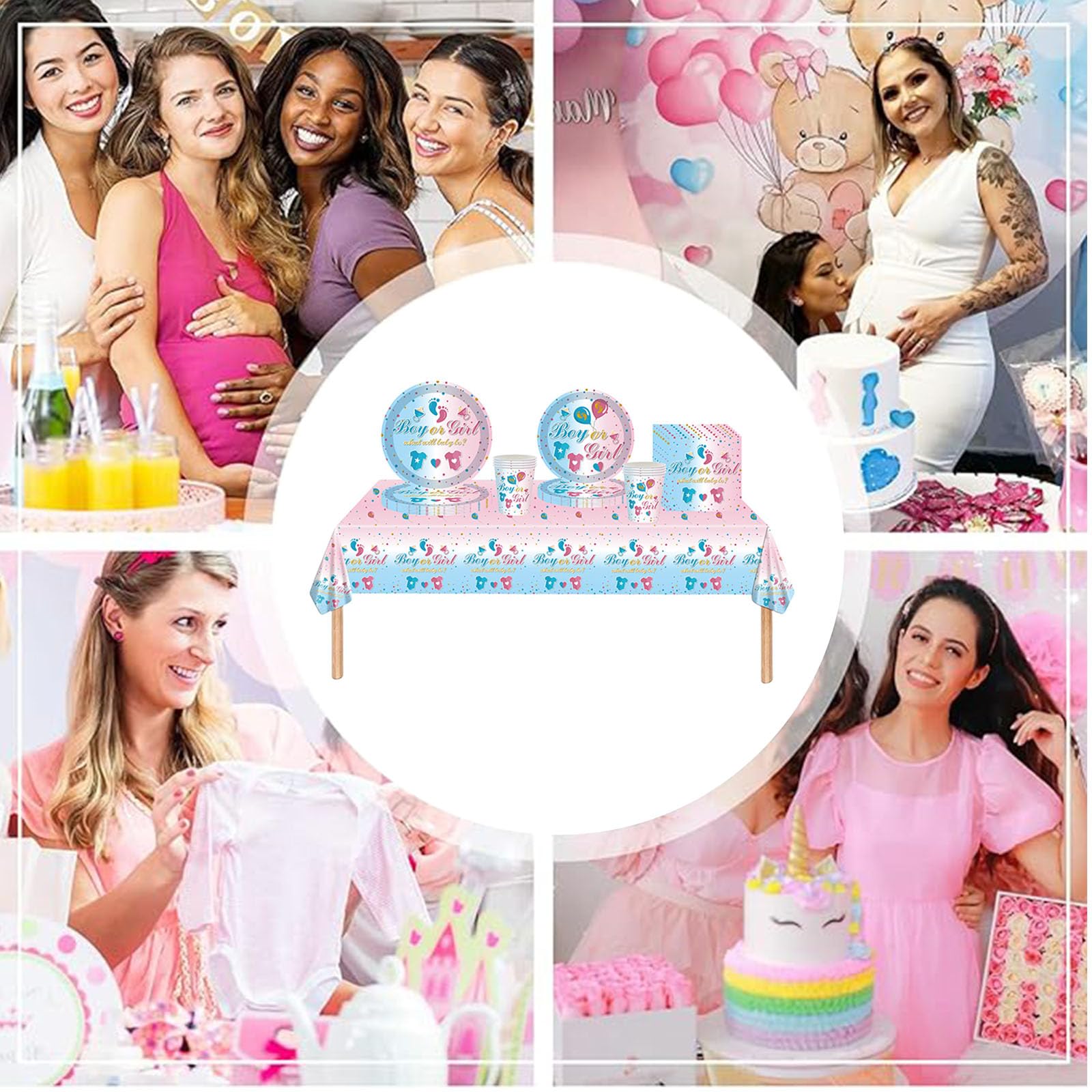 Little Foot Baby Shower Gender Reveal Tableware for Girls & Boys - She or He Theme Cloth, Plates, Napkins, Cups - 69Pcs - Image 4