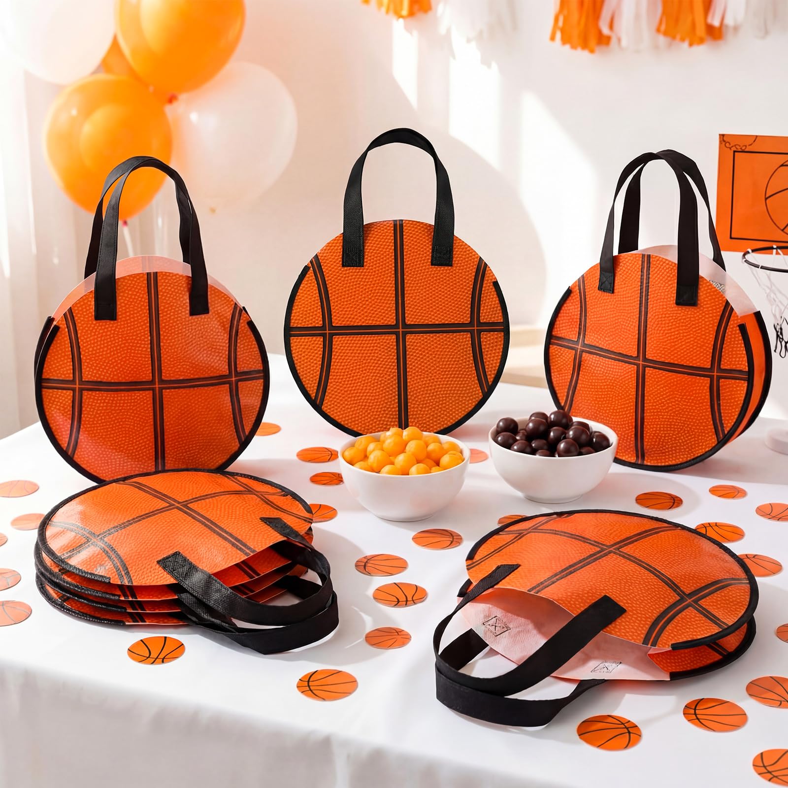 Yeyeplum 12 Pcs Basketball Party Favor Bags 10 × 10 Inch Basketball Gift Bags with Handle Round Non Woven Gift Pouches for Goodie Candy Snacks Sports Themed Birthday Party Supplies