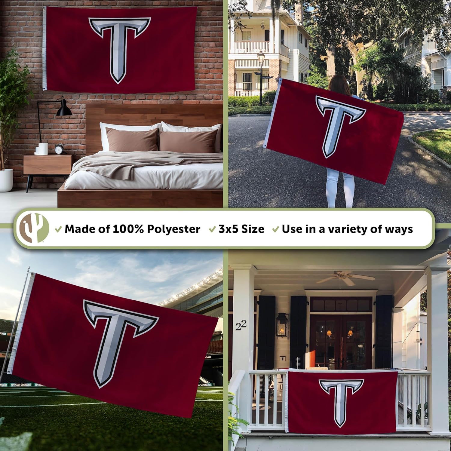 Desert Cactus Troy University TU Flag - 3 x 5 Feet Trojans Banner, Indoor/Outdoor Durable Fabric, 100% Polyester Design (Style 2)