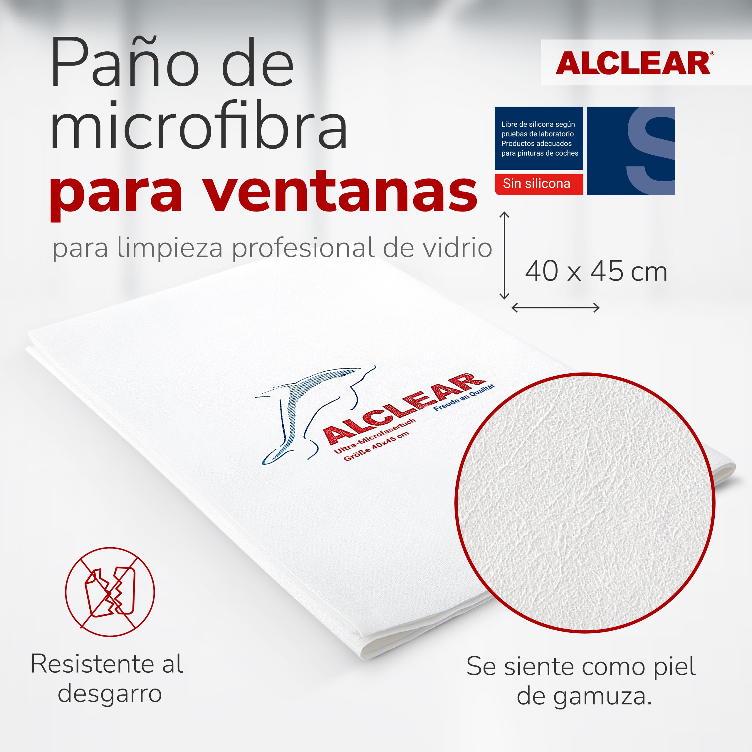 ALCLEAR 950001 Paño de Microfibra para Ventanas, Set de 5, paño de Microfibra para Cristales, del hogar y de Las Ventanas, sin Necesidad de Utilizar un paño para secar ni limpiacristales, 40 x 45 cm