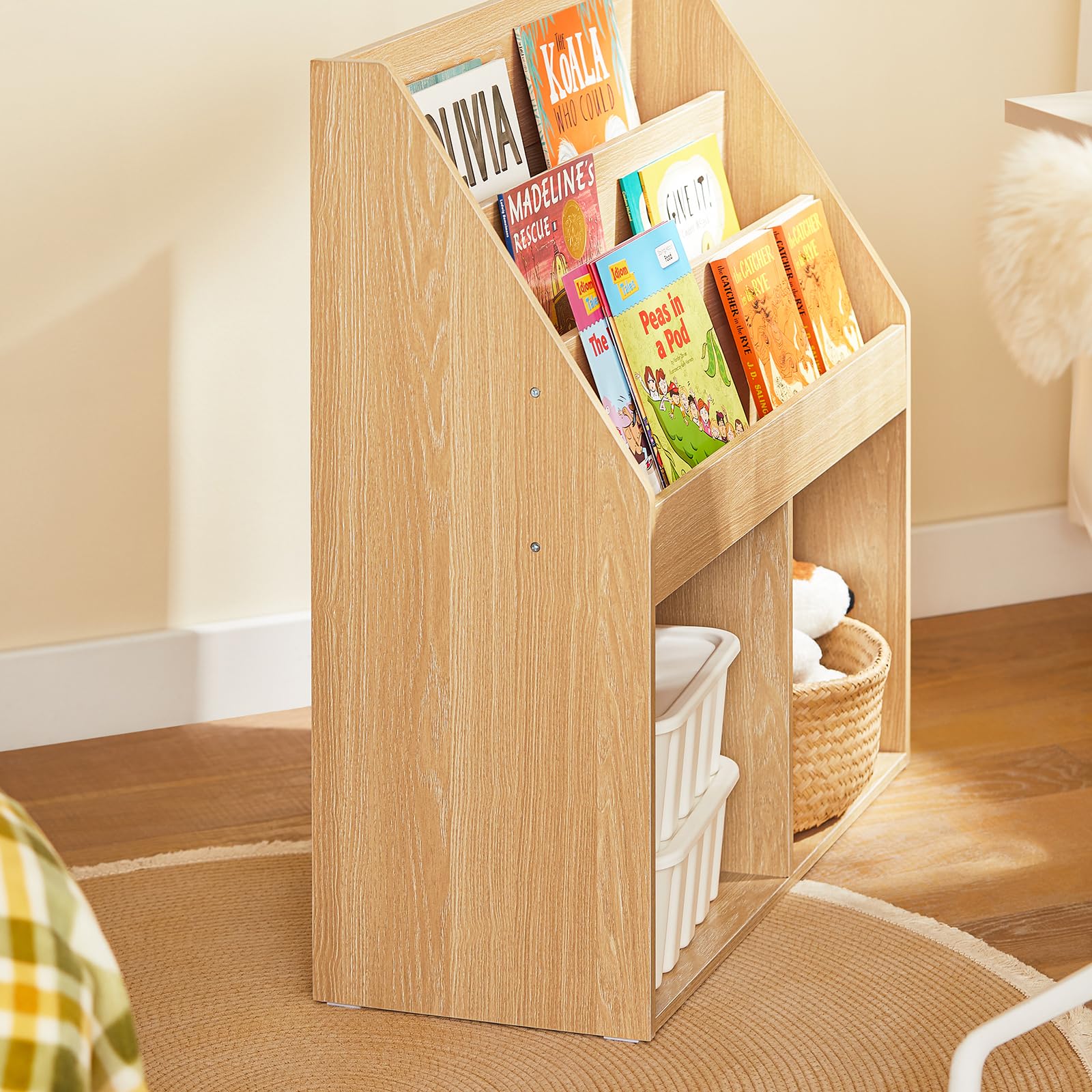 SoBuy Dziecięca Biblioteczka i Regał na Zabawki z 3 Poziomami i 2 Przegrodami, Regał na Książki do Pokoju Niemowlęcego, Naturalny, 73x30x80 cm, KMB01-N