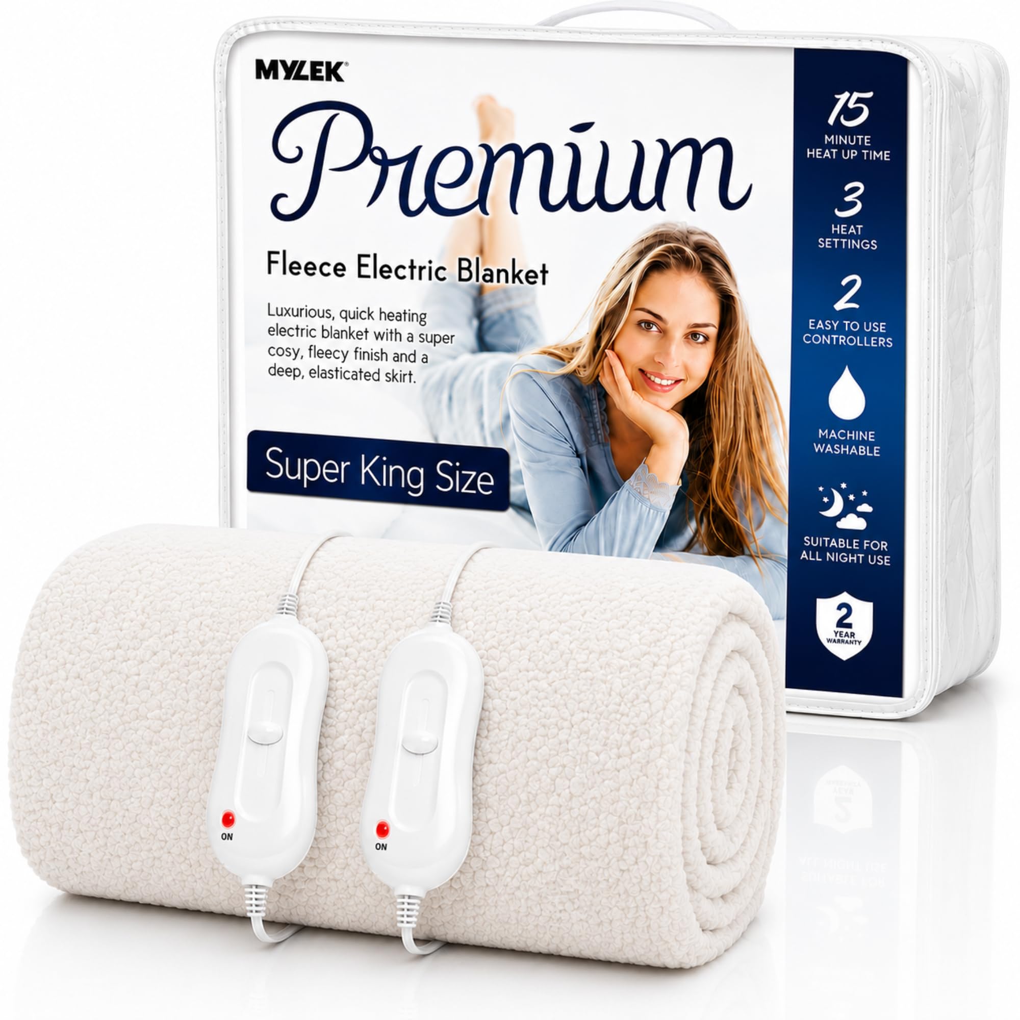 Mylek White Electric Blanket Superking Size Fleece, Size 203 X 182 X 40Cm, Dual Control, Machine Washable, Fully Fitted Heated Mattress Cover Bed Underblanket, Overheat Protection (Super King)