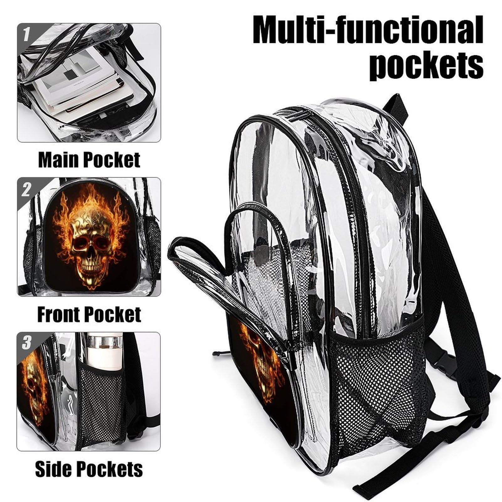 Transparenter Rucksack mit Totenkopf und Flammen, groß, transparent, PVC, Büchertasche für Sicherheit, Arbeit, Reisen, Stadion