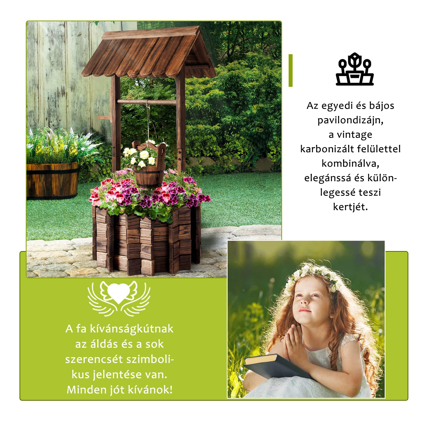 Aoxun Pflanztopf Wunschbrunnen Holz, Ziehbrunnen Pflanzenständer, Wunschbrunnen Pflanzkübel, 54 x 54 x 118 cm, Dekobrunnen für Garten, Gartenbrunnen Blumenkübel