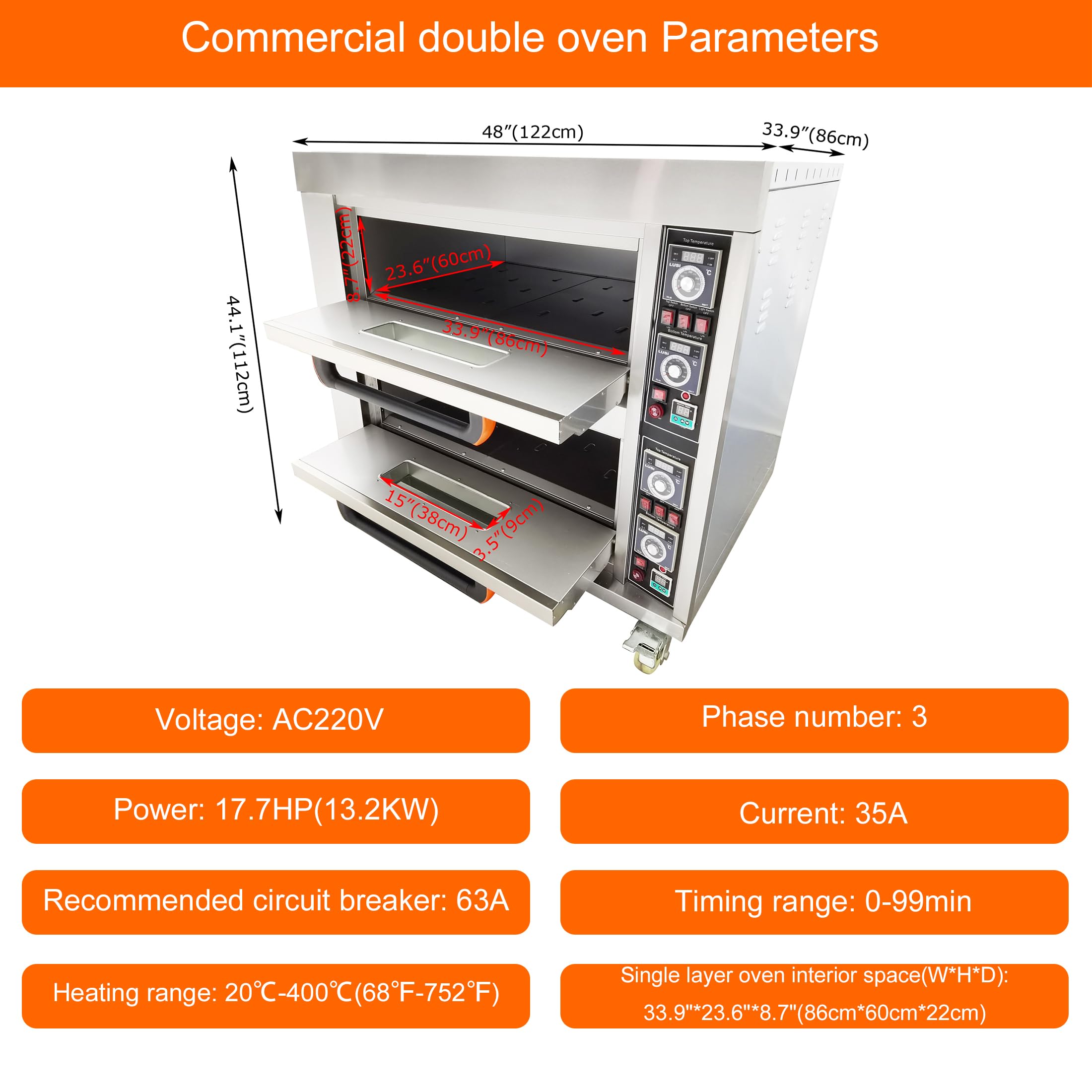 INTSUPERMAI Commercial Pizza Oven Electric Oven Double Deck Convection Oven 13.2KW 220V Commercial Cooker Double Floor Electric Baking Oven 20?-400? Heating Range 3 Phase
