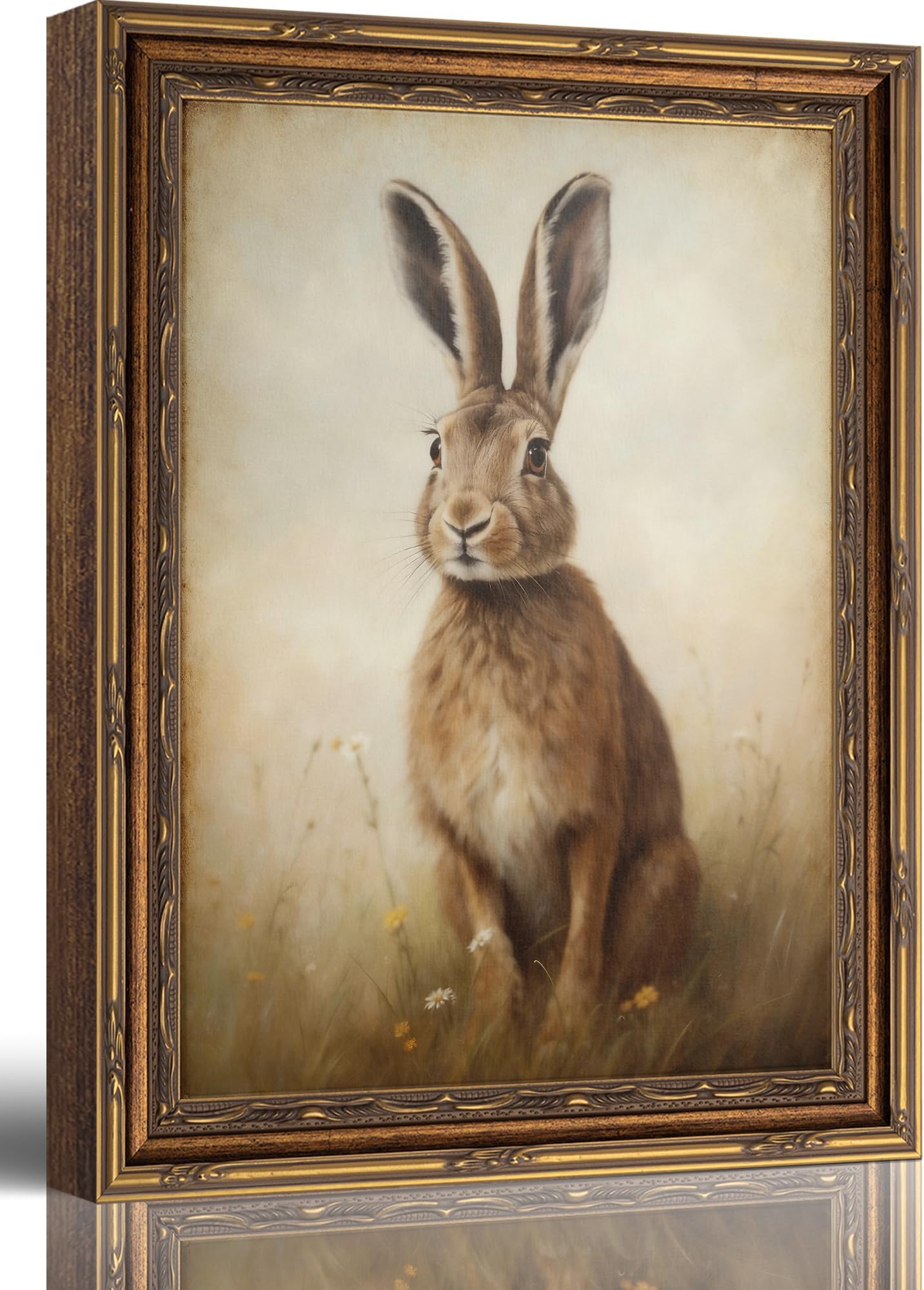 Gold Framed Funny Rabbit Wall Art Easter brown Bunny Canvas Painting Picture Wall Decor Cute Rural Animals Poster Print Artwork for Baby room Nursery Bedroom living room Home Decoration 9inx11in