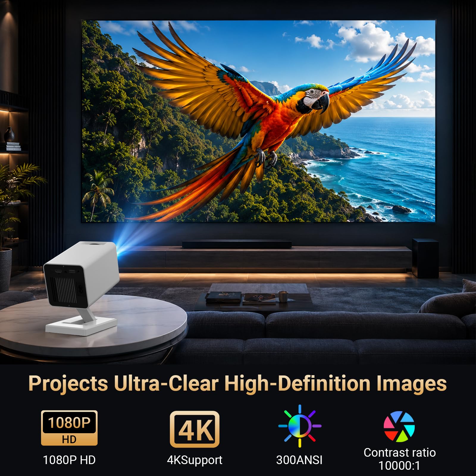 【Built-in APPS】Mini Projector With Wifi And Bluetooth, 1080P 4K Support Portable Projector, Movie Projector for Bedroom, Compatible with Smartphones/TV Stick/iPad/PS5/Laptop/HDMI/USB view 3