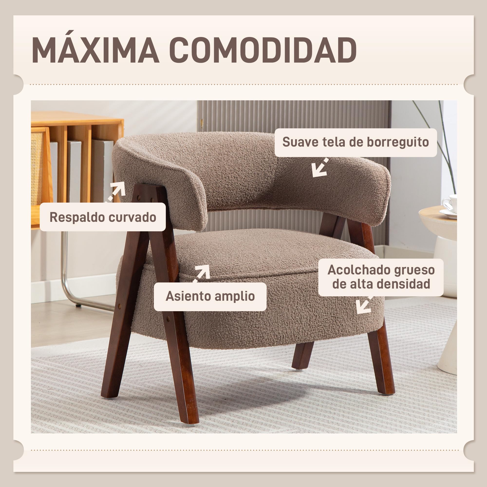 HOMCOM Butaca de Salón Tapizada en Borreguito, Sillón de Lectura Acolchado Grueso y Moderno, Asiento Ancho, Patas de Madera, Respaldo Curvado, para Dormitorio, Oficina, Marrón Claro