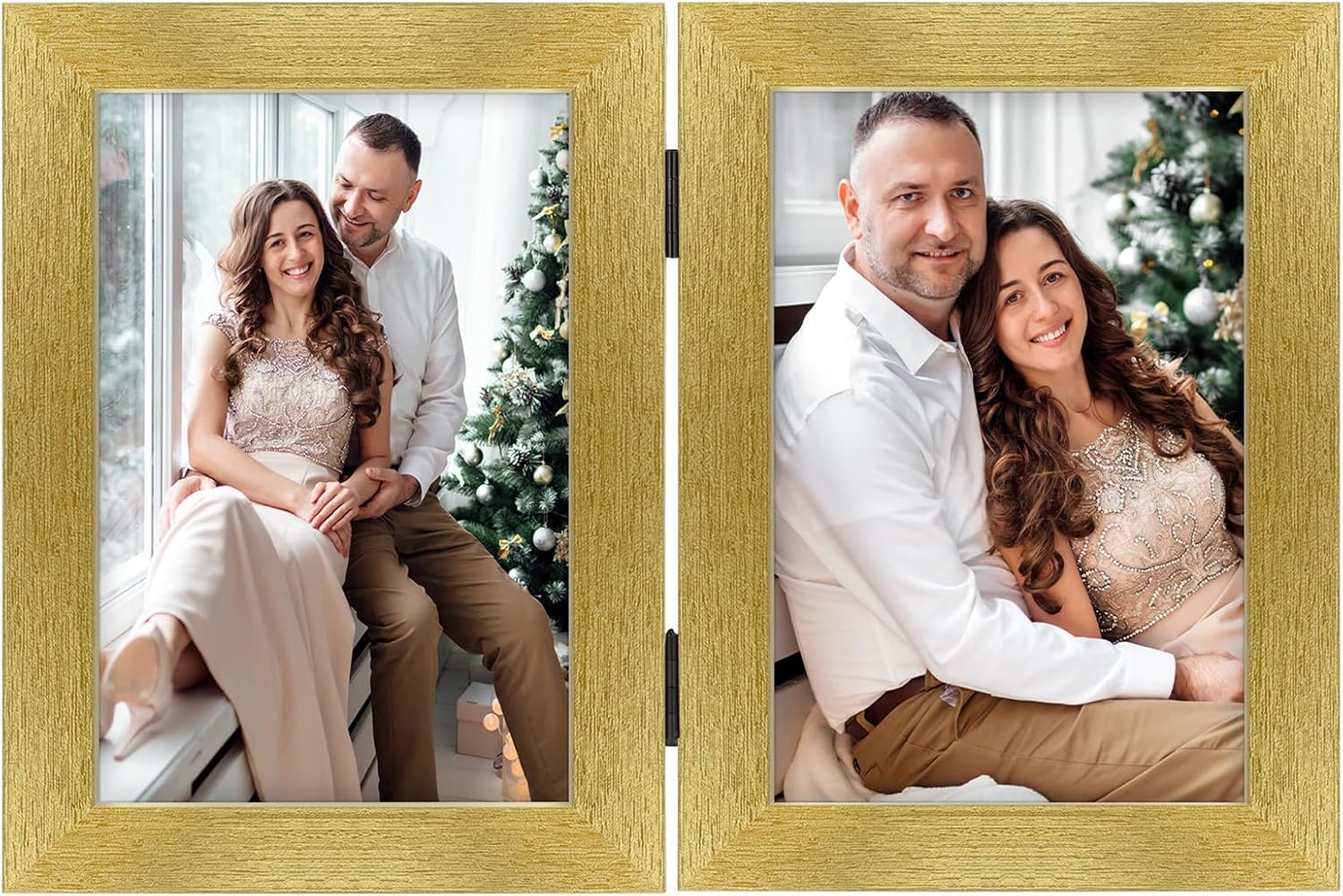 Frametory, 5x7 Double Hinged Picture Frame with Glass Front, Engineered Wood Two Photo Frame Collage for Vertical Display, Side by Side Standing Frame (Gold, 2 Pack)