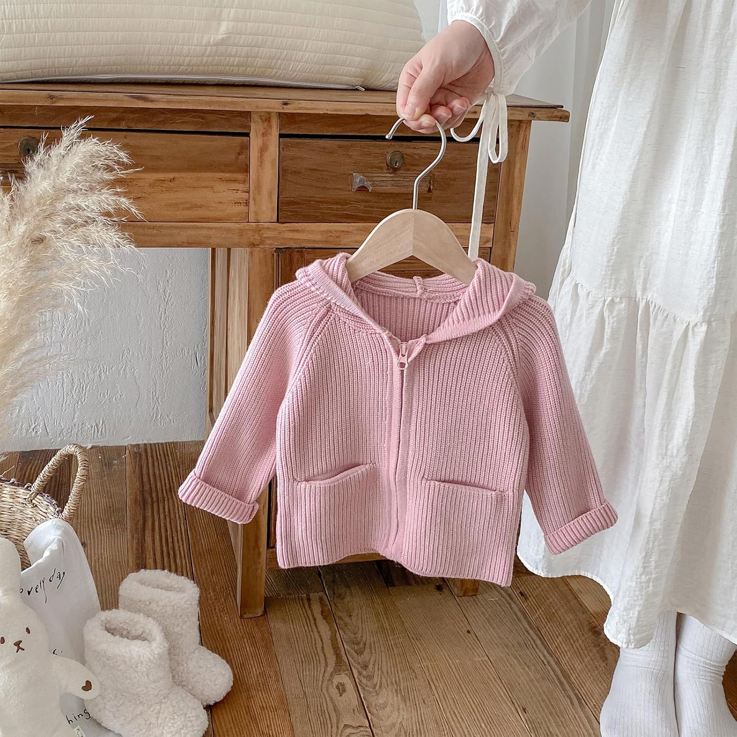 Toddler Girls' Pink Knit Zip - Up Hoodie with Pom - Pom Detail
