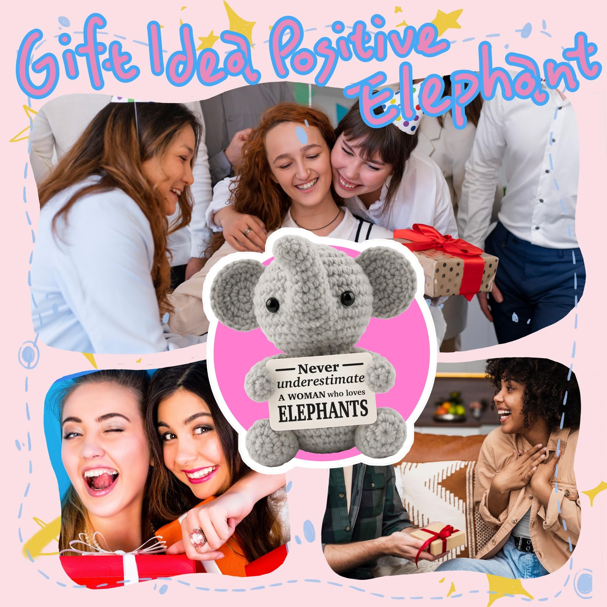 Elephants Gifts for Women, Emotional Support Animal for Mom Sister, Inspirational Friendship Crochet Gifts for Coworkers Friends Christmas Funny Positive Stocking Stuffers Secret Santa