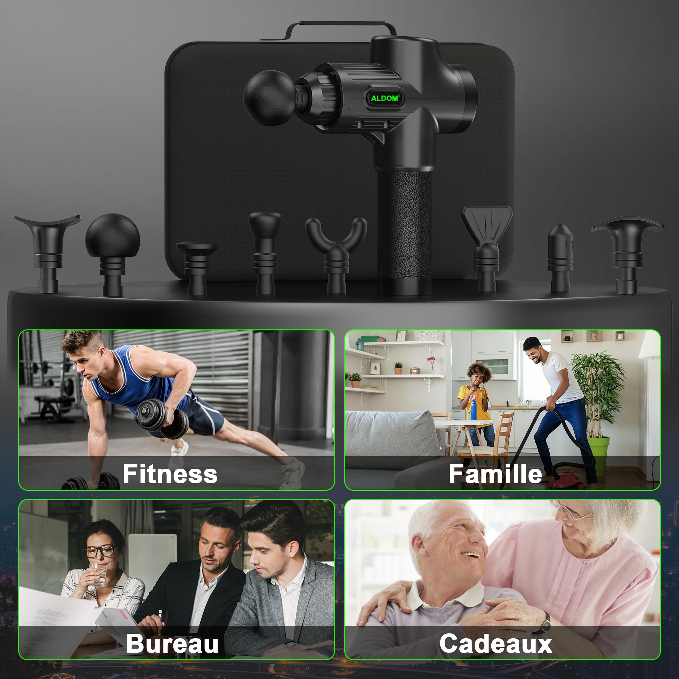 Pistolet de Massage Musculaire ALDOM Appareil de Masseur de Muscle Profond Avec 30 Niveaux Réglables 8 Têtes de Massage et l'Écran LCD Soulager Douleurs et Raideurs