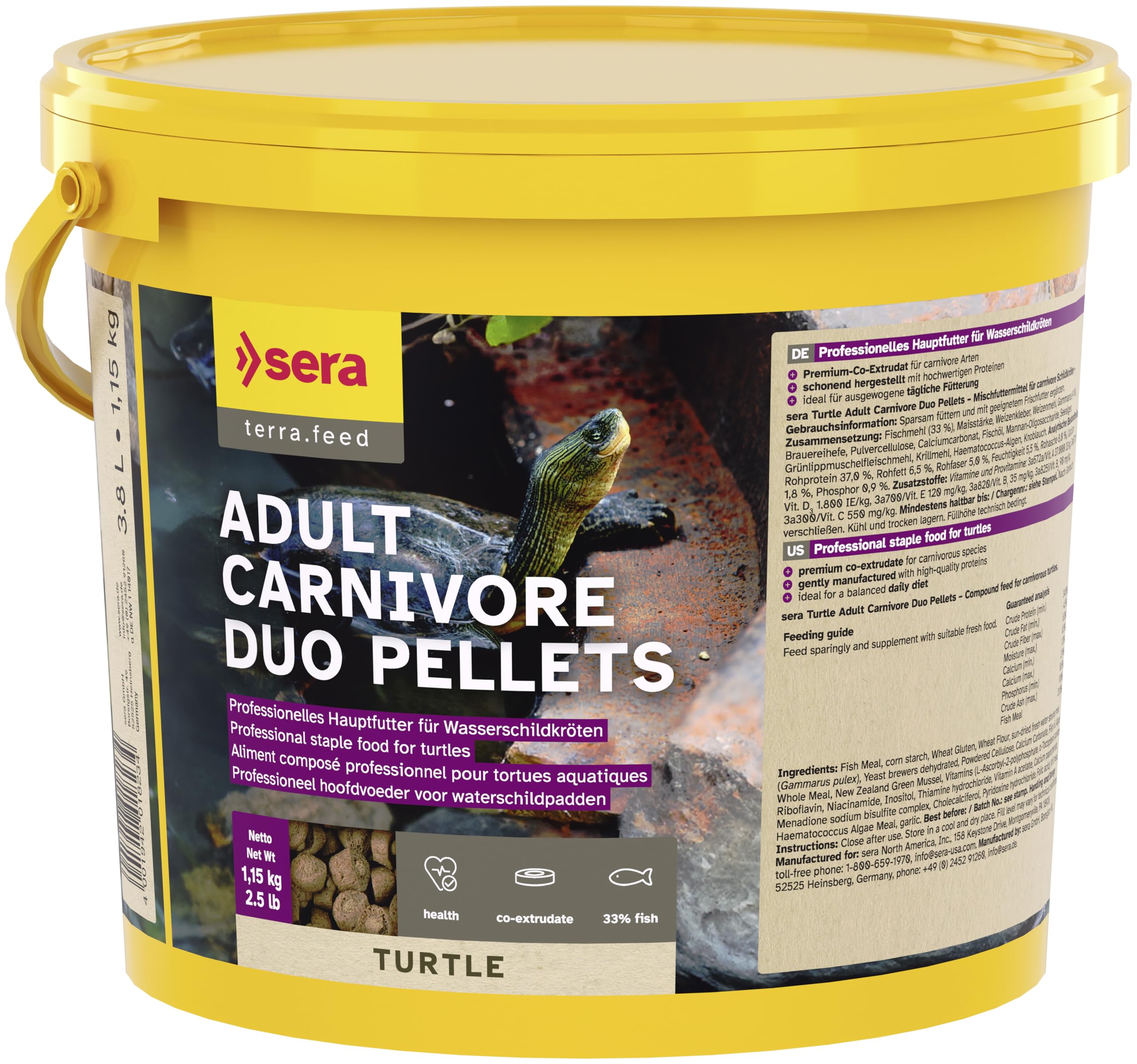 sera Turtle Adult Carnivore Duo Pellets 3,8L (1,15kg) | Comida para Tortugas de Agua Adultas carnívoras | Alimento Premium para Tortugas | Alto Contenido de Pescado | Comida Tortuga