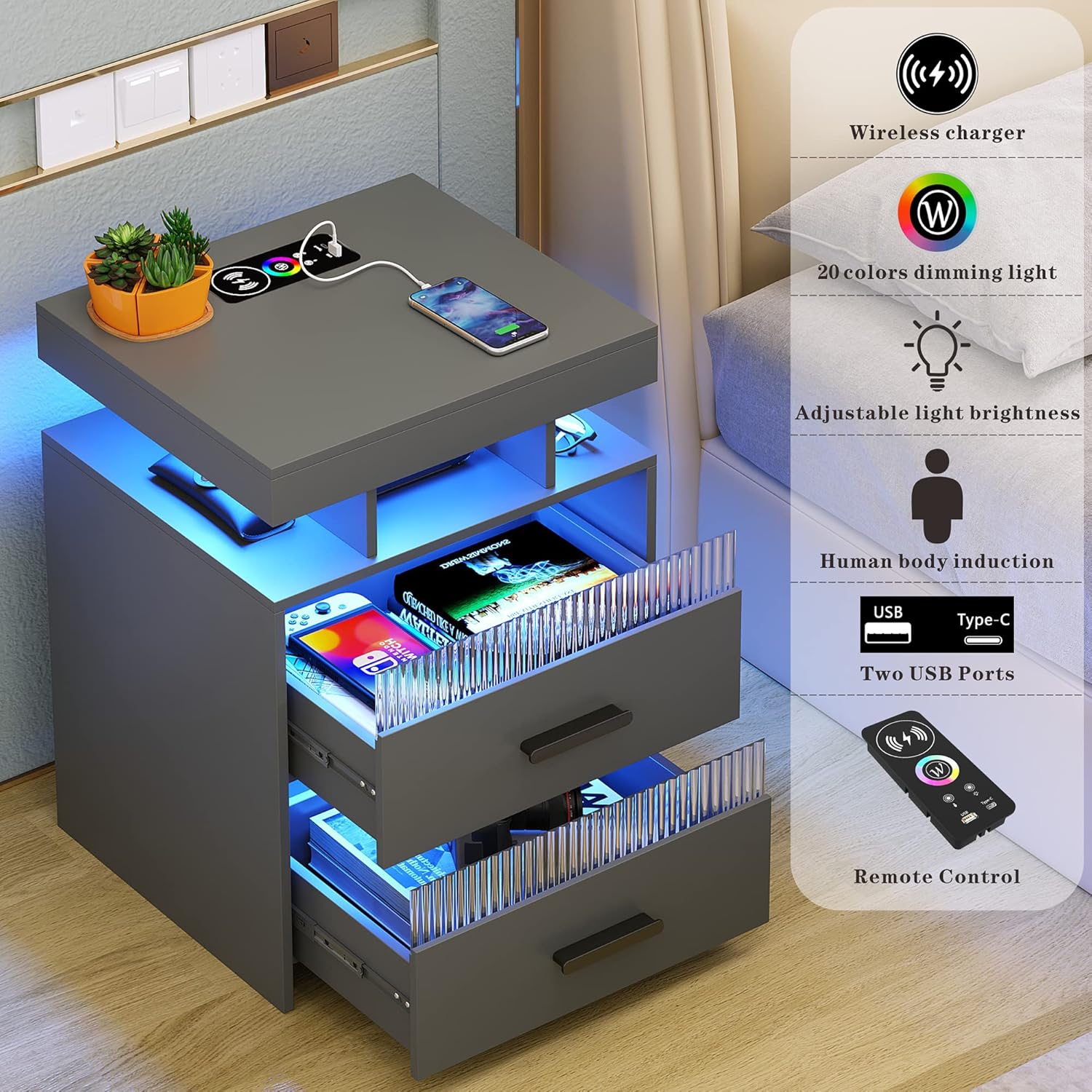 Diagram showing features of the Dystler Nightstand including wireless charger, 20 colors dimming light, adjustable light brightness, human body induction, USB and Type-C ports, and remote control.