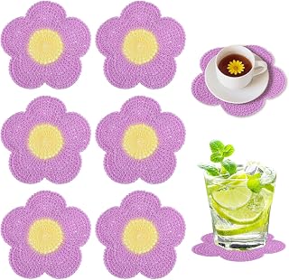 6Pcs Flower Crochet Coasters Handmade Drink Coaster Set Knitted Coasters Woven Cup Mat Cute Funny Plant Pot Coaster Soft Table Protection Gift for Hot Drinks Coffee Tea