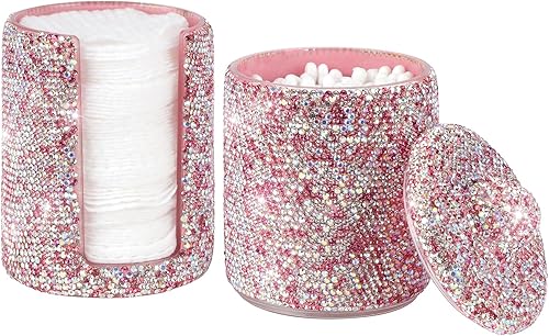 KEYPOWER Almohadilla de bolas de algodón con diamantes de imitación, soporte dispensador de almohadillas de maquillaje, tarro acrílico con tapa,