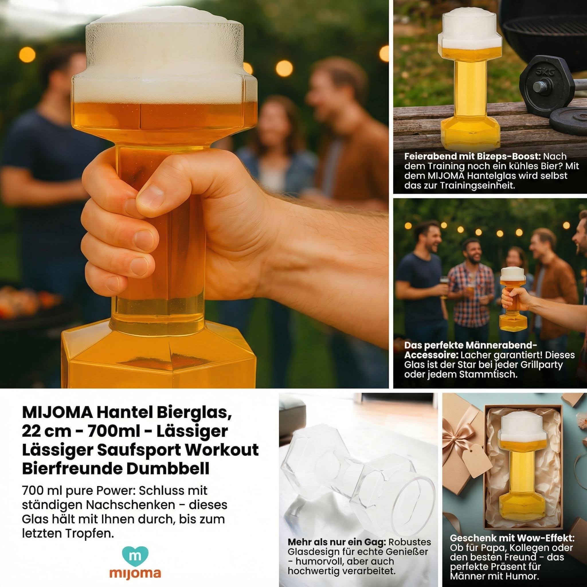 MIJOMA Bicchiere da birra a forma di manubrio, 22 cm – 700 ml – Allenamento casual per sport del bere, manubrio per amici della birra per fitness e feste – Un'avventura birraria per gli amanti del