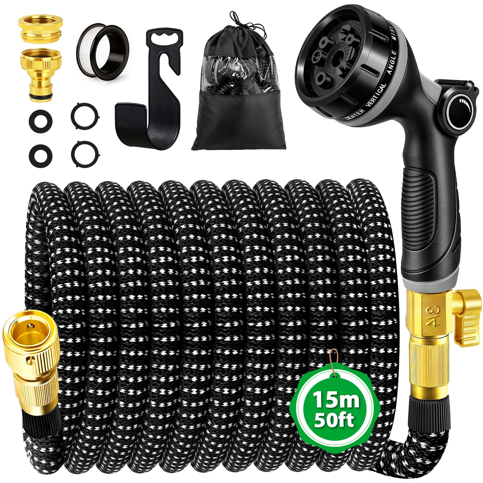 WEVOL Gartenschlauch Flexibel 15m, Flexibler Gartenschlauch Dehnbarer mit 3/4"&1/2"Verbinder aus Messing und Wandhalterung, Wasserschlauch Flexibel mit 10 Funktions Gartenbrause für Gartenbewässerung