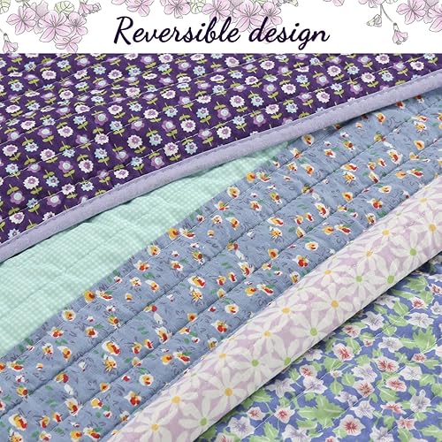 Miniatura 2 de Cozy Line Home Fashions Jeannie - Juego de ropa de cama reversible de 100 % algodón con estampado floral a rayas lilas y moradas para mujer (rayas