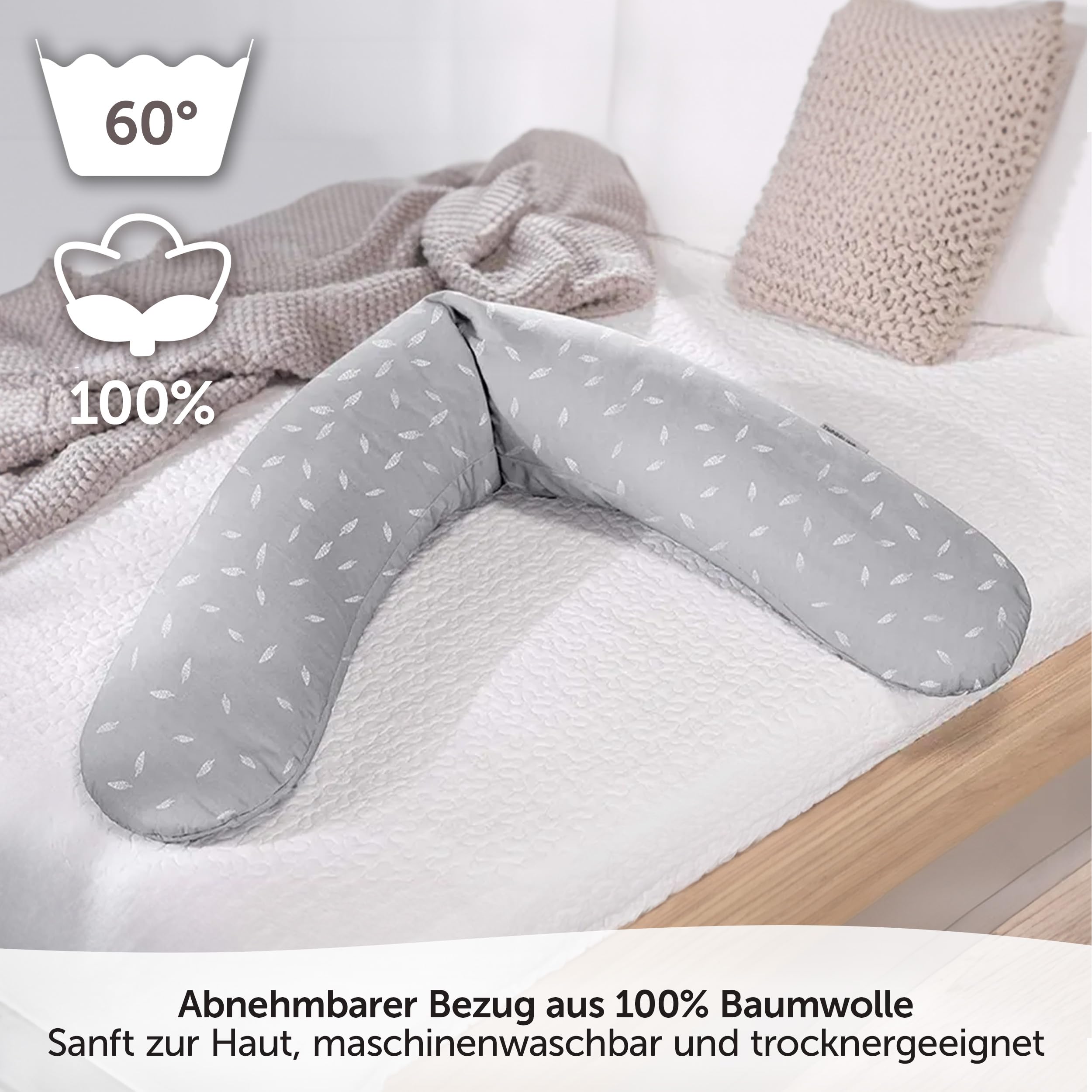 Theraline Das Original Stillkissen & Schwangerschaftskissen - 190cm inkl. Bezug aus 100% Baumwolle - Füllung aus leisen EPS-Perlen - Lagerungskissen, schadstoffgeprüft - Blätter Grau Weiß