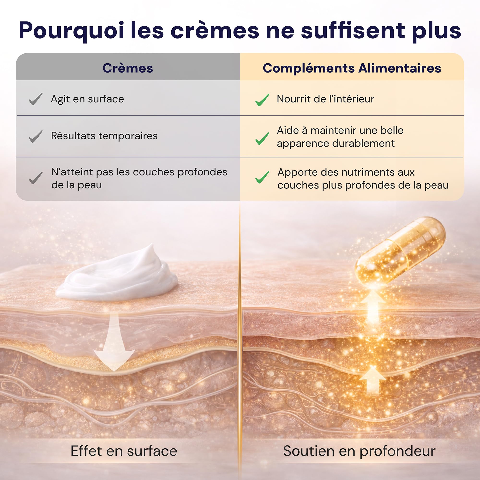 Skin Glow Complément de Collagène en Gélules, 30 Gélules, Contenant du Collagène Type I, V, de l'Acide Hyaluronique, de l'Élastine et des Céramides.
