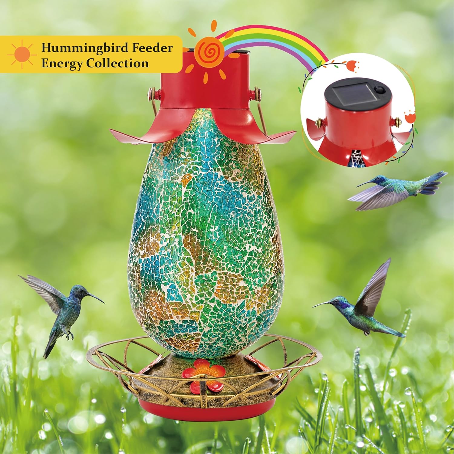 LED Solar Hummingbird Feeder for Outdoors 40 oz, Teal Glass Mosaic Hanging Hummingbird Nectar Bottle with 4 Flower Feeding Stations for Outside, Waterproof Garden Decor Solar Light (Ring Perches)