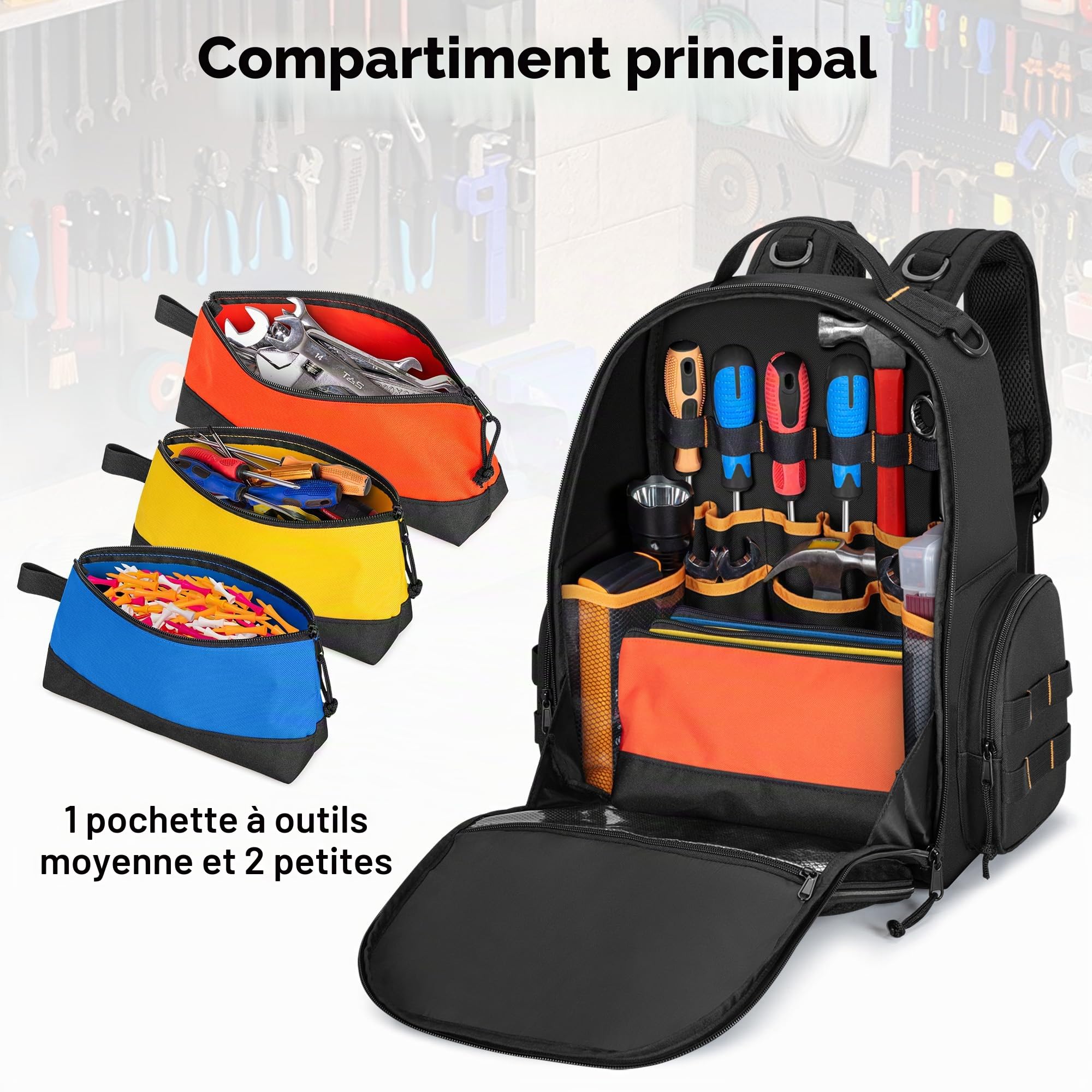 Rexmica Sac à Dos Outils pour Hommes avec 3 Pochette Zippée, Noir | Sac de Rangement d'Outils, Travail de Rangement d'Outils Tactique pour Réparateur, Électricien, Bricoleur