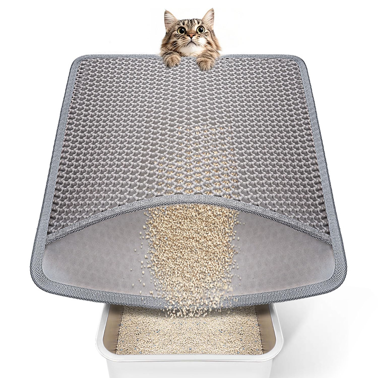 Conlun Katzenklo Matte 58x42cm, Doppelschichtige Katzenstreu Unterlage aus EVA Material, Waben-Design Auffangmatte Wasserfest & Rutschfest, Sanft zu Pfoten, Leicht zu Reinigen, Grau