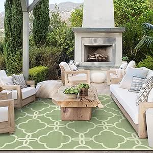 Ashler Outdoor Rug, Outdoor Plastic Straw Rug, 5x8 Reversible Sage Green Patio Mat, Flower Modern Design for RV, Backyard, Deck, Camping, Picnic, Spring, Summer, Durable &amp; Weather-Resistant Area Rug
