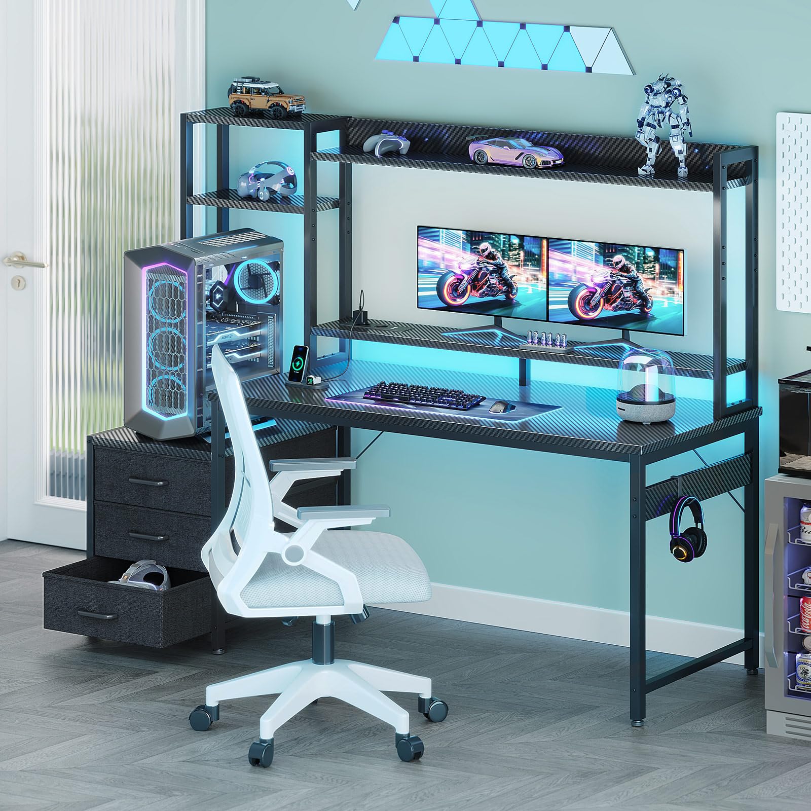 Coleshome Gaming Tisch mit Regal und Schubladen,137×48cm Gaming Schreibtisch mit LED-Beleuchtung & Steckdose, Computertisch mit Ablageflächen & Monitorständer, Carbon Fiber Schwarz