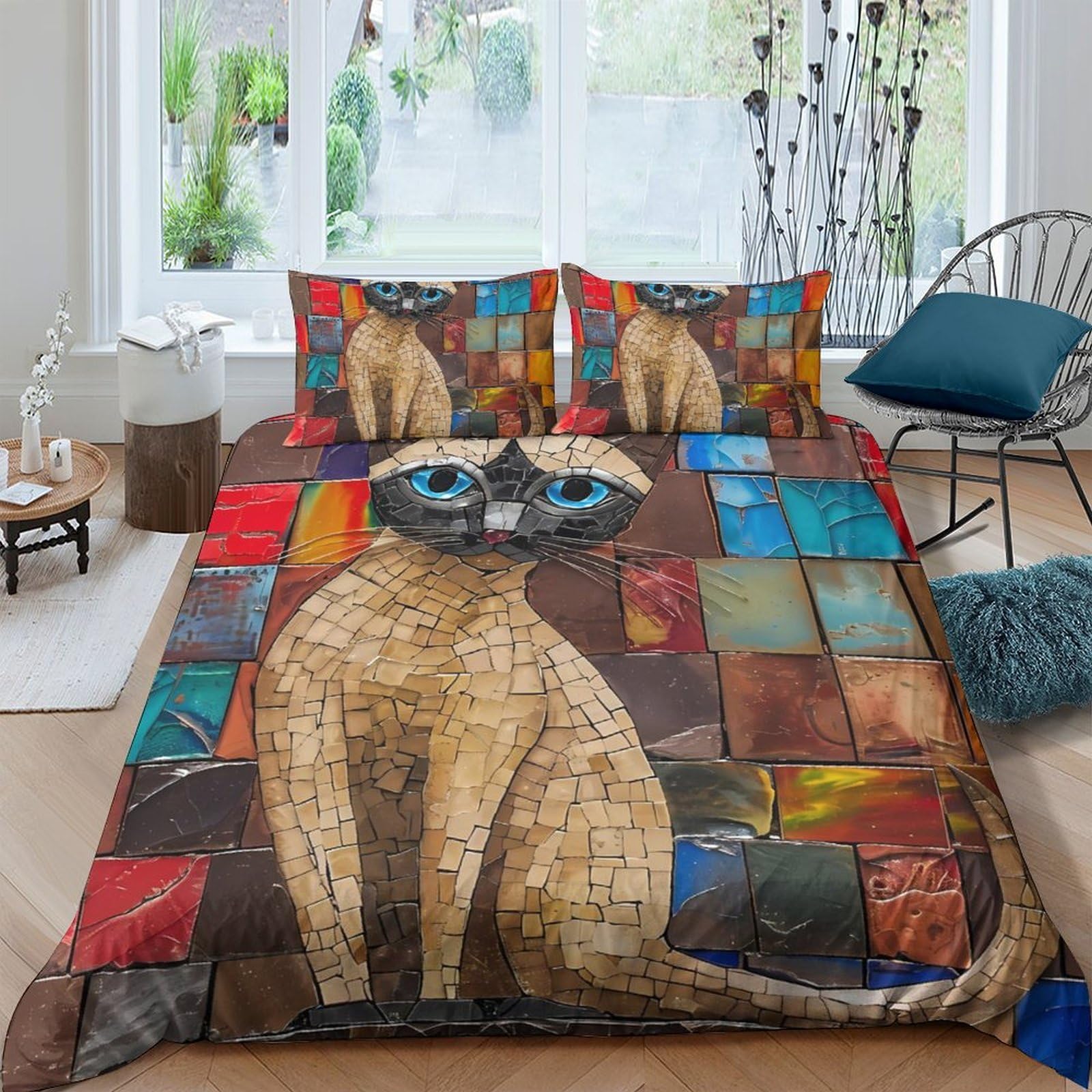 Ctjqhvkz Style-9 3D Printed Siamese Cat Fitted Sheet Microfiber Colourful Patchwork Bed Sheet For Bedroom Guest Room Dorm Decor Mattress Protection Single（135X200cm）