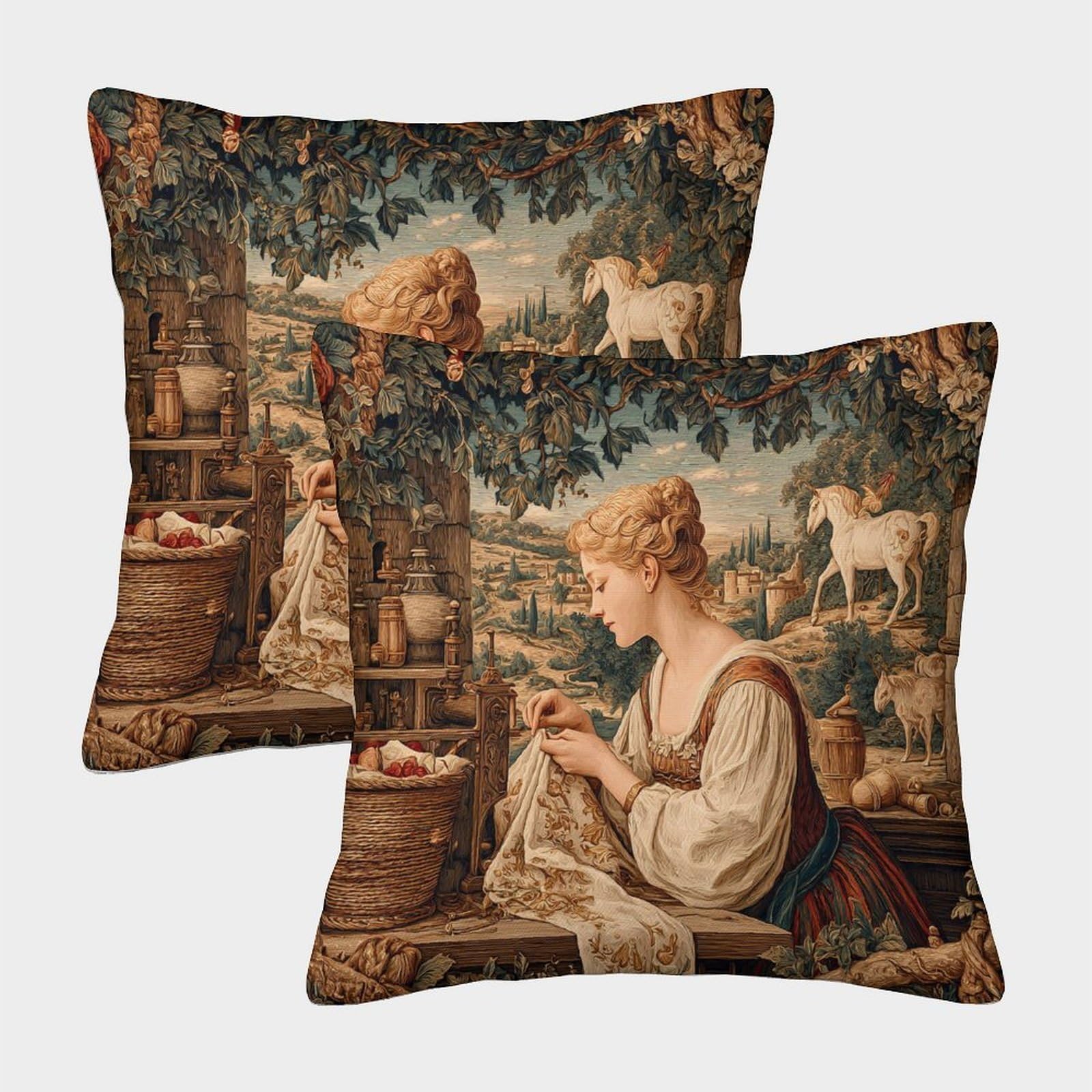 kaiyun 2 Pack A Beautiful Woman Is Sewing A Shirt; A Medieval Scene Square Pillow Cover Cushion Cover 45x45cm Suitable for Sofa Bed Chair,3D Pattern
