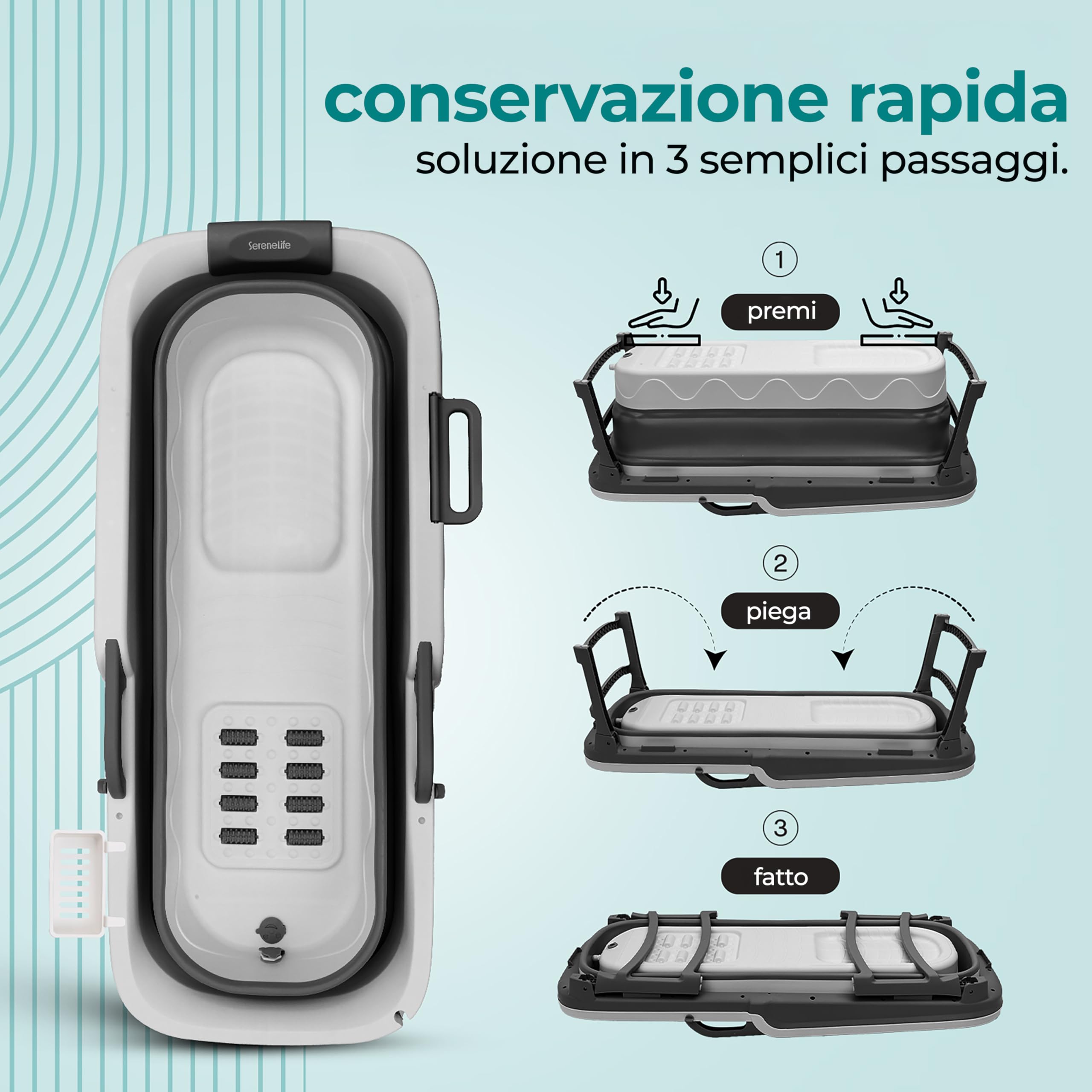 SereneLife Vasca da Bagno Portatile per Adulti, 150x60x58cm, Spa Portatile Domestica, Relax Pieghevole, Vassoio, Borsa e Tubo di Scarico, Bagno Caldo o Freddo, Antiscivolo, Leggera, Interno/Esterno