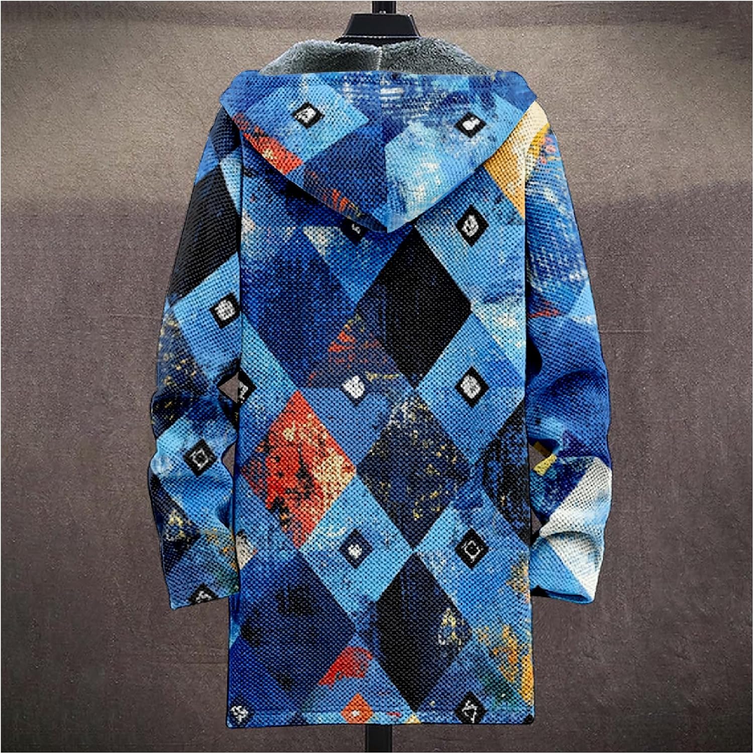 Mens Long Cardigan Hoodies Geometric Hooded Jacket Open front Knitted Sweater Hoodie with Pockets Winter Coats - Image 3