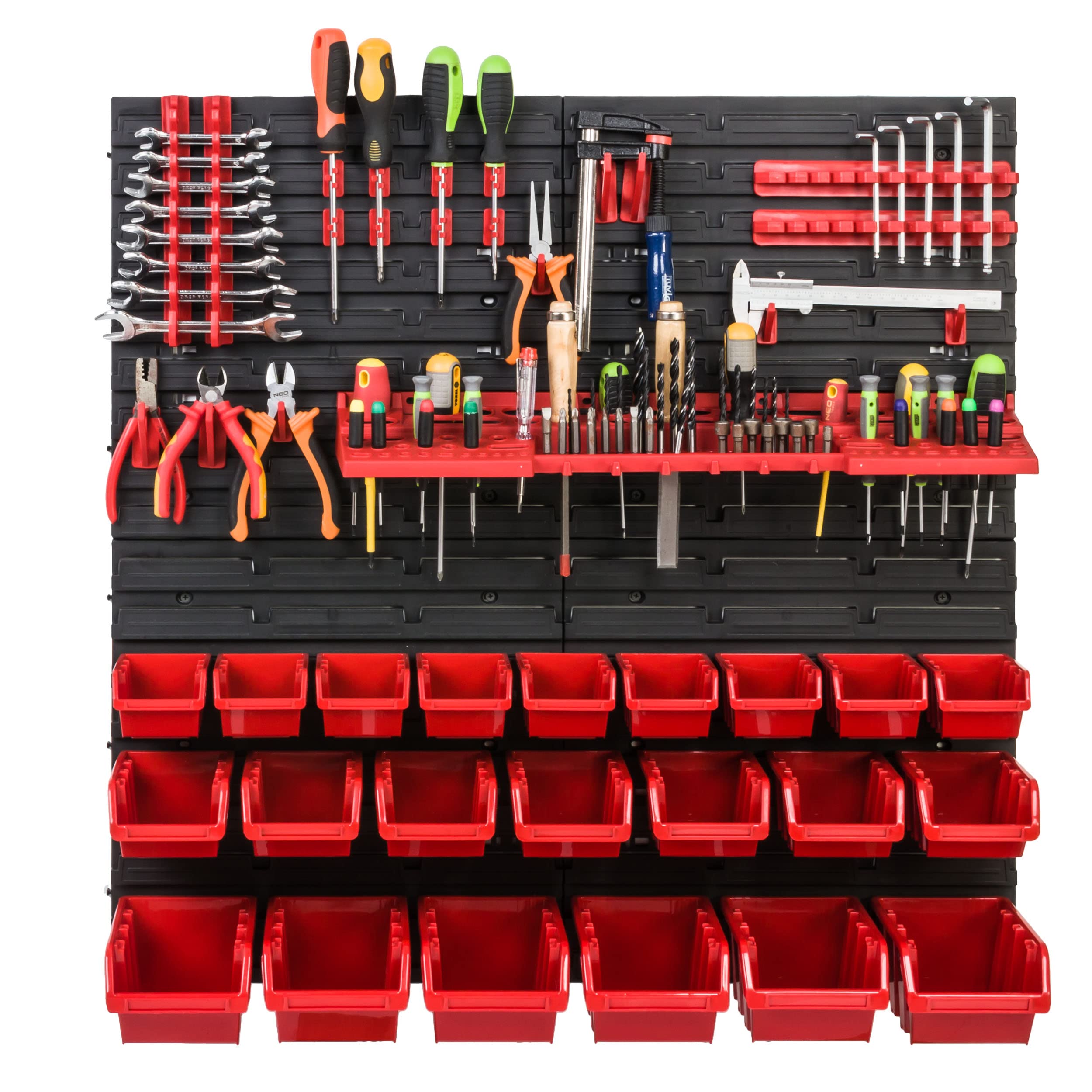 Scaffale da officina, 78 x 78 cm, 22 pezzi, con supporti per attrezzi e scatole impilabili, pannelli da parete, scaffali extra resistenti, per riporre oggetti e garage, scaffali