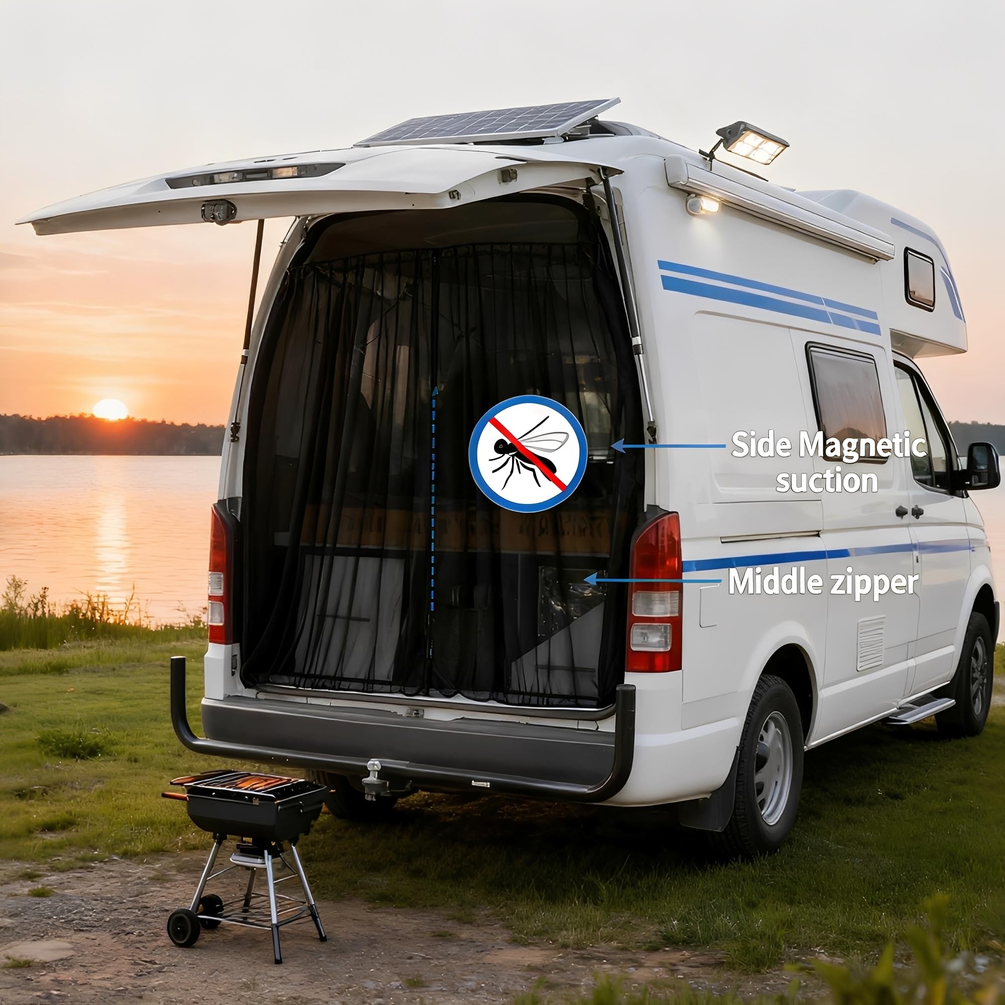 Magnetischer Van Insektenschutz, Fliegengitter Insektenschutz Sonnenschutz mit Reißverschluss, Fliegengitter Hecktür, Kofferraumbelüftungsnetz für Outdoor Camping, 200x170cm