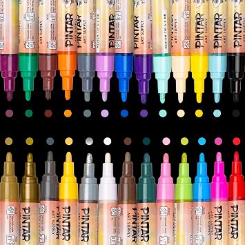 PINTAR Premium Acrylic Paint Markers - Set of 26 Medium Tip for Rock Painting, Ceramic Glass, Wood, Paper, Fabric and Porcelain, Water Resistant Paint Set, Surface Pen, Craft Supplies, DIY Projects