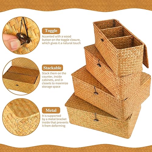 Miniatura 5 de Juego de 4 cestas de almacenamiento de pastos marinos con tapas, contenedores de almacenamiento de mimbre para el hogar, cajas decorativas