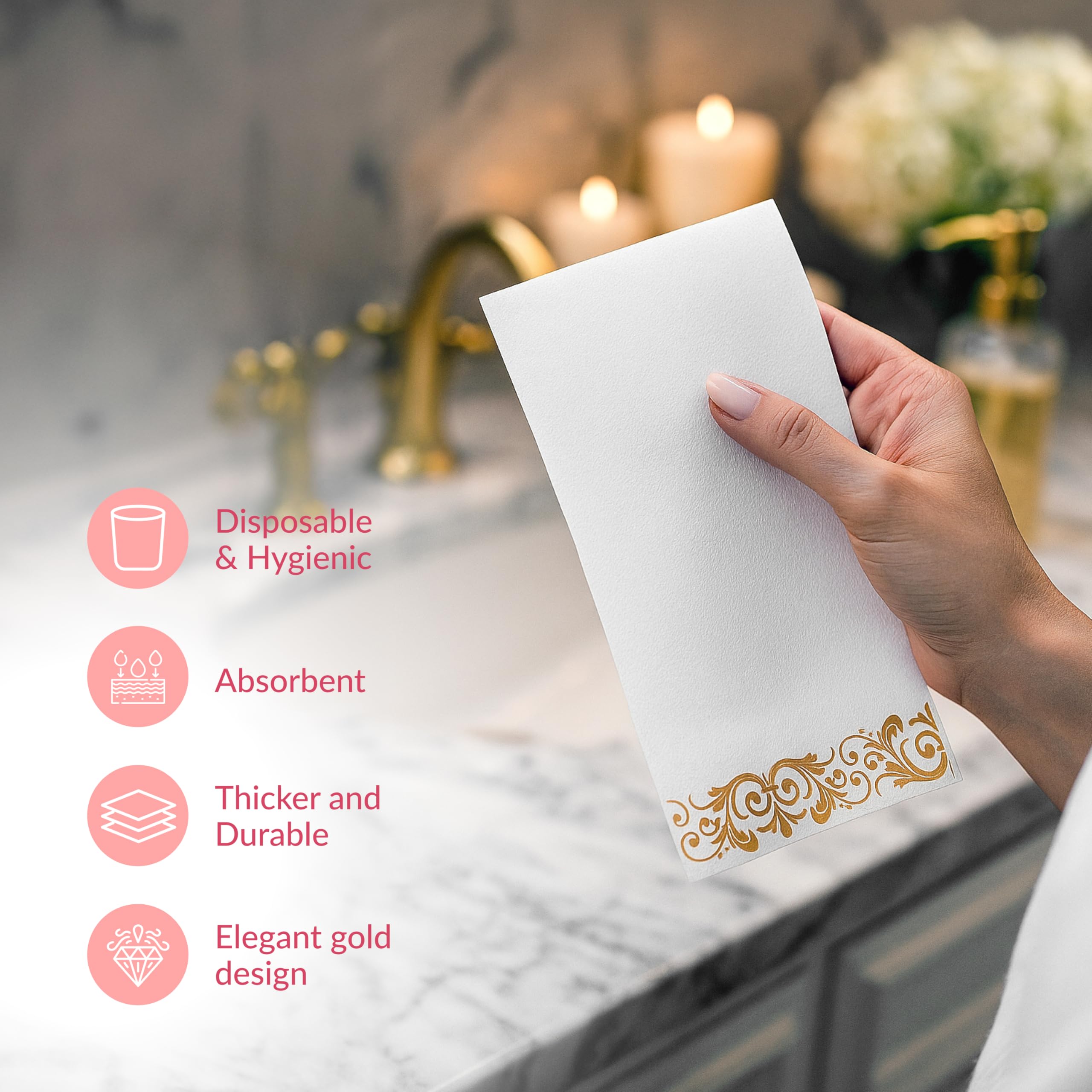 Prestee Paquete de 200 toallas de papel desechables para baño, elegantes servilletas de papel con tacto de lino, toallas decorativas blancas y doradas para baño, bodas y fiestas, calidad de élite y