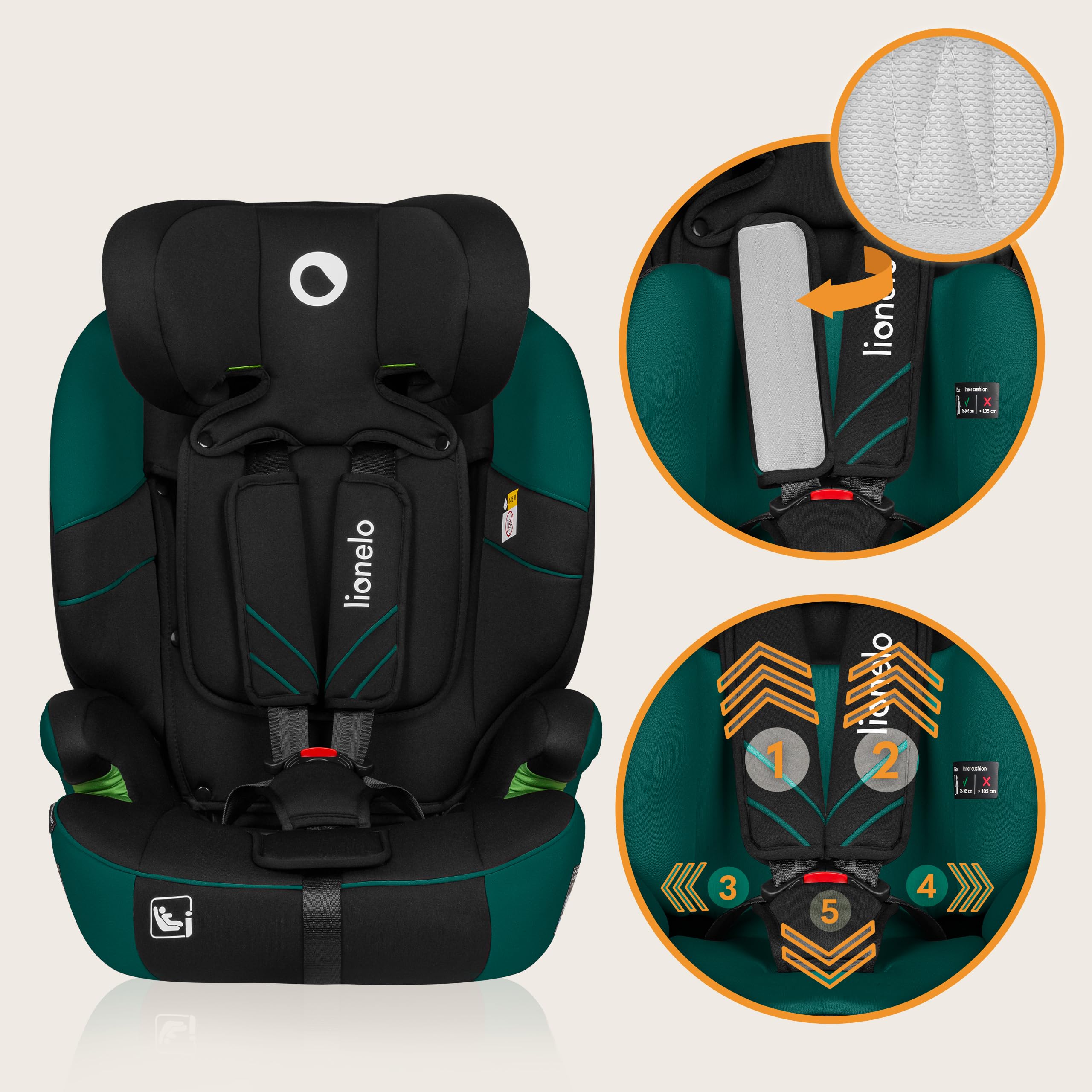 LIONELO LEVI ONE I-SIZE 76-150 cm Kinderautositz, Gruppe 1 2 3 | Seitenschutz, 10 Grad Kopfstützenverstellung Bequeme Armlehnen Verstellbare Rückenlehne, R129 i-Size