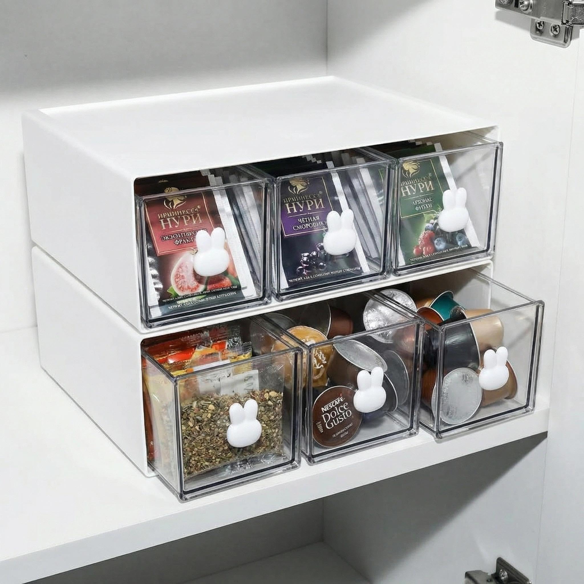 Cajonera para Té Blanca 23×17×8 cm | Caja de Té Transparente con 3 Cajones | Organizador Apilable de Plástico PP | Para Té, Café, Especias y Pequeños Objetos en Cocina/Oficina/Baño