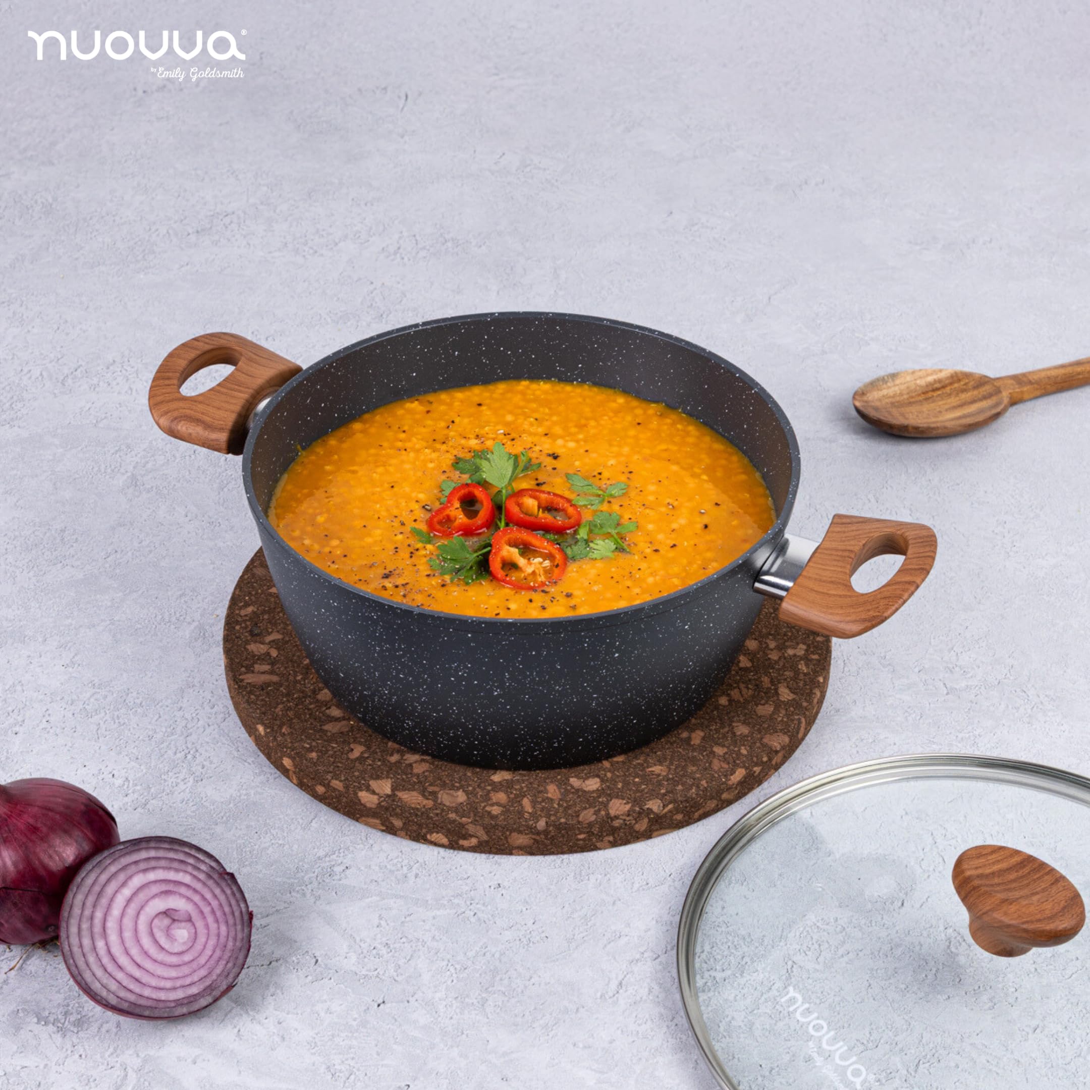Ollas de cocina antiadherentes con tapa de vidrio, olla de inducción, cacerola profunda de cocina, 24 cm, mármol Nuovva